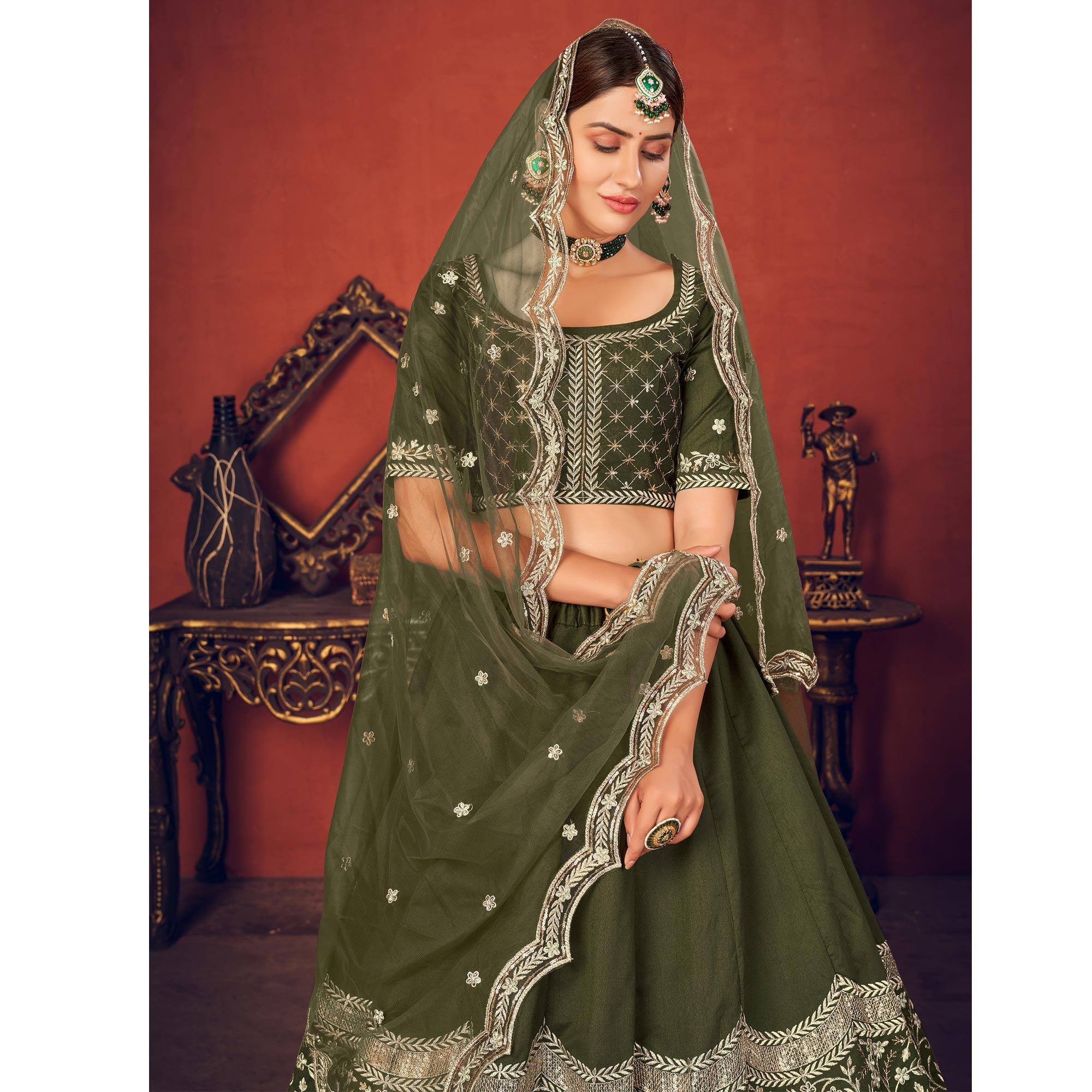 Olive Green Partywear Sequence Embroidered Art Silk Lehenga Choli - Peachmode