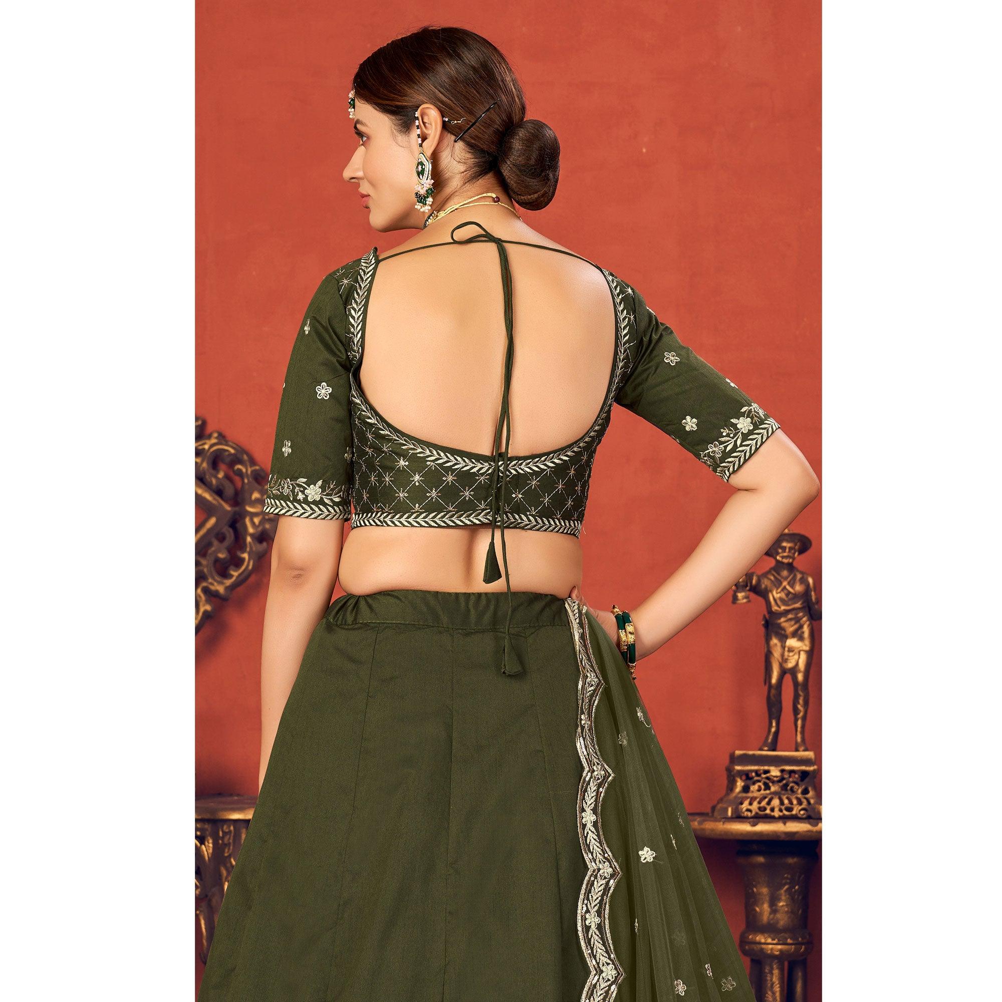 Olive Green Partywear Sequence Embroidered Art Silk Lehenga Choli - Peachmode
