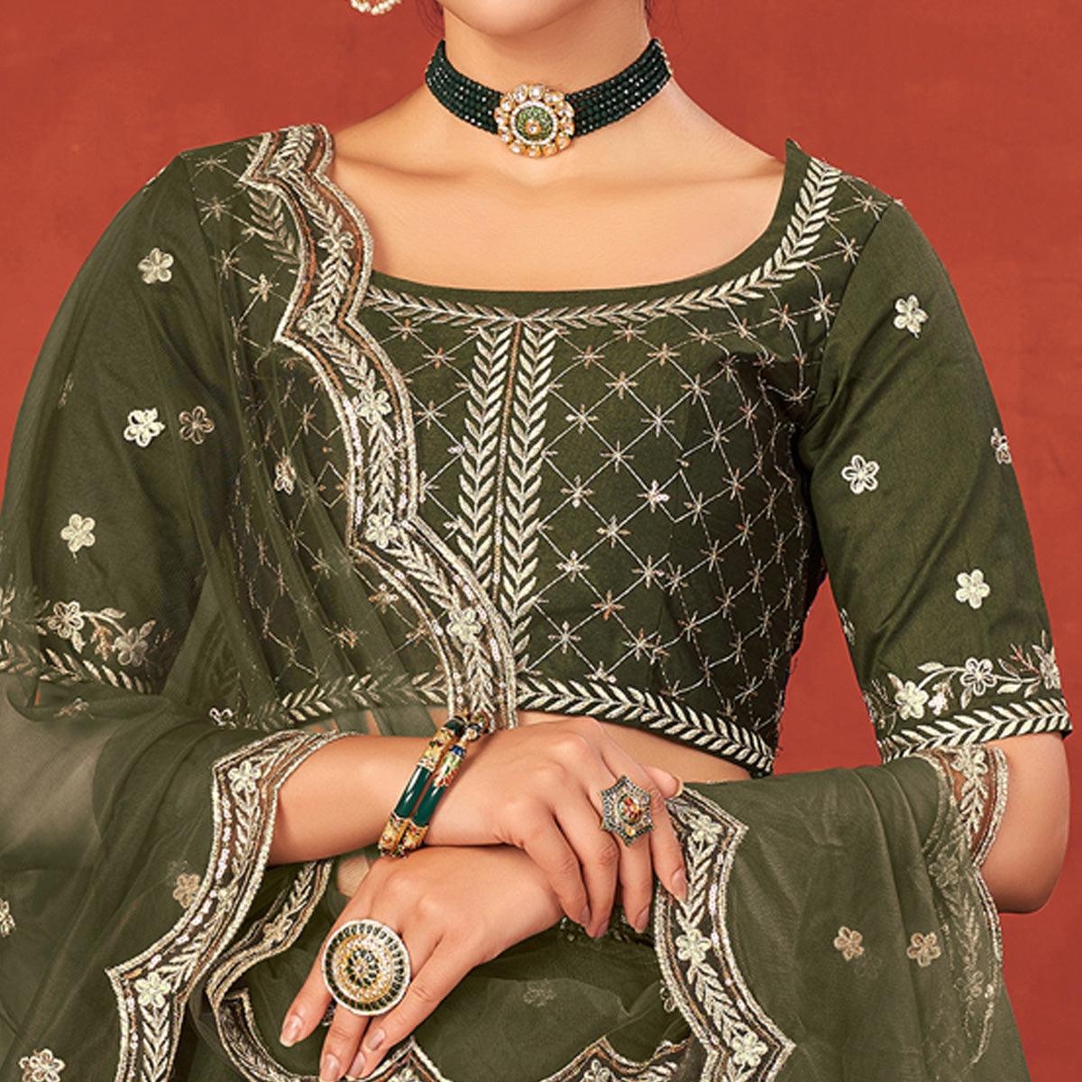 Olive Green Partywear Sequence Embroidered Art Silk Lehenga Choli - Peachmode