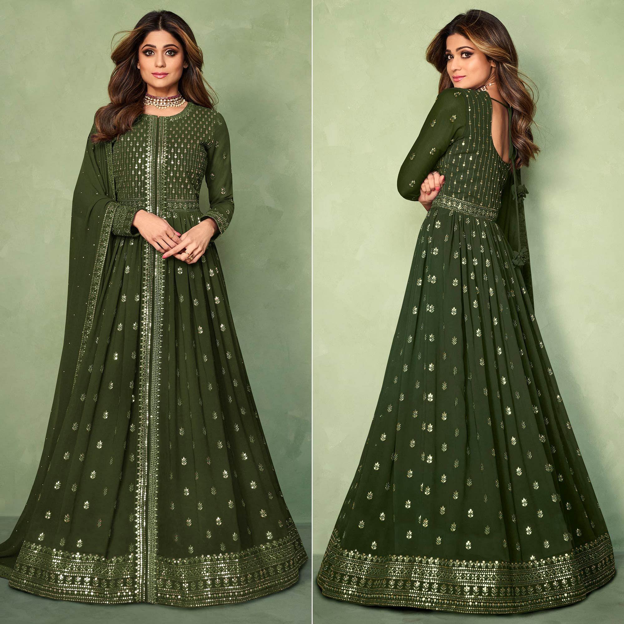 Olive Green Partywear Sequence Embroidered Georgette Gown - Peachmode