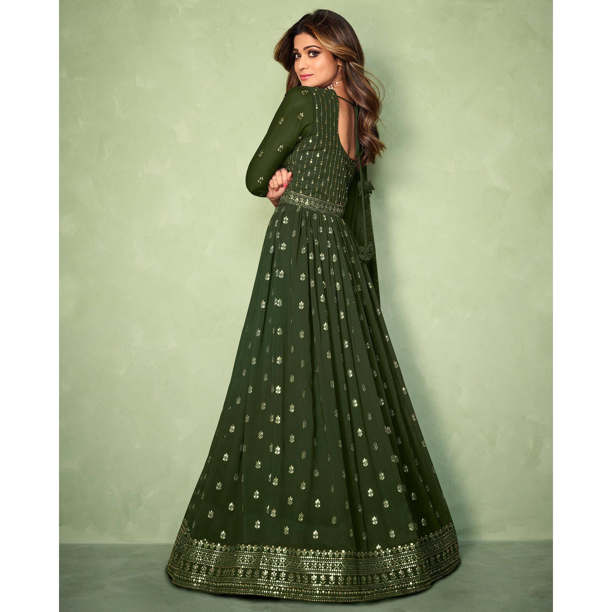 Olive Green Partywear Sequence Embroidered Georgette Gown - Peachmode
