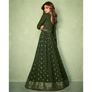 Olive Green Partywear Sequence Embroidered Georgette Gown - Peachmode