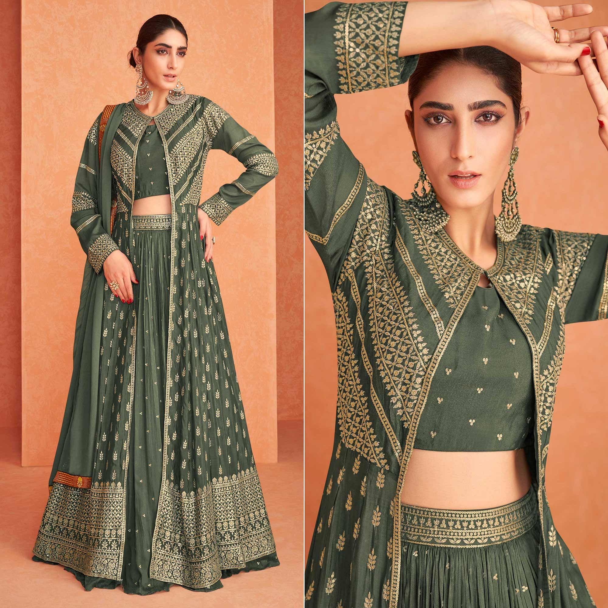 Olive Green Partywear Sequence Embroidered Georgette Lehenga Choli With Jacket - Peachmode