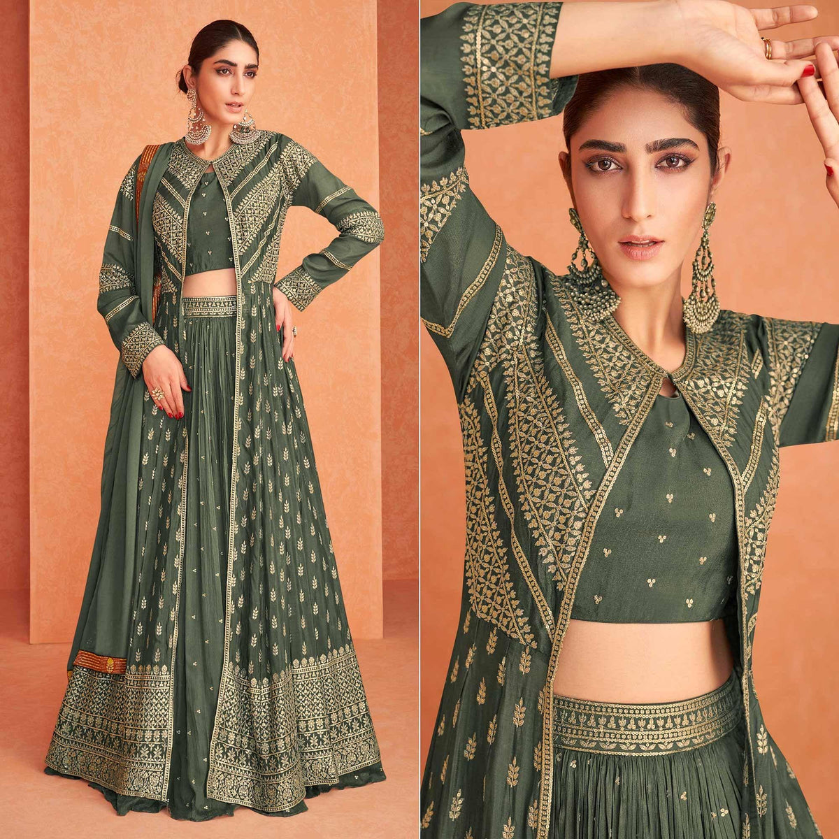 Buy Peacock Green Wedding Wear Silk Lehenga Choli With Jacket Online -  LLCV01718 | Andaaz Fashion