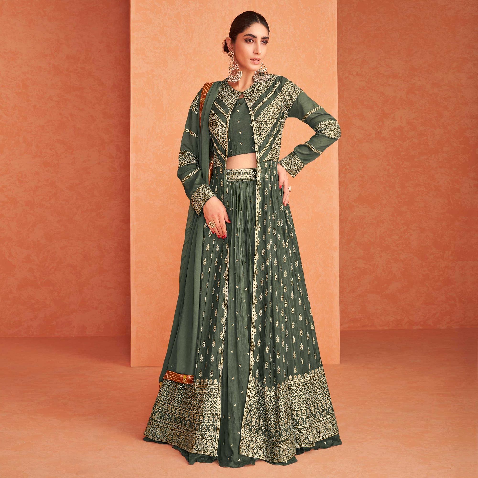 Olive Green Partywear Sequence Embroidered Georgette Lehenga Choli With Jacket - Peachmode