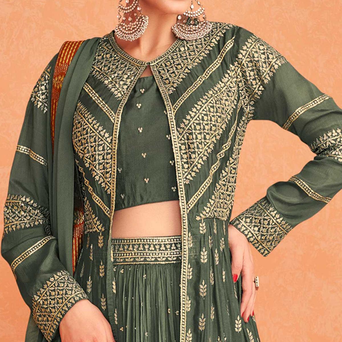 Olive Green Partywear Sequence Embroidered Georgette Lehenga Choli With Jacket - Peachmode