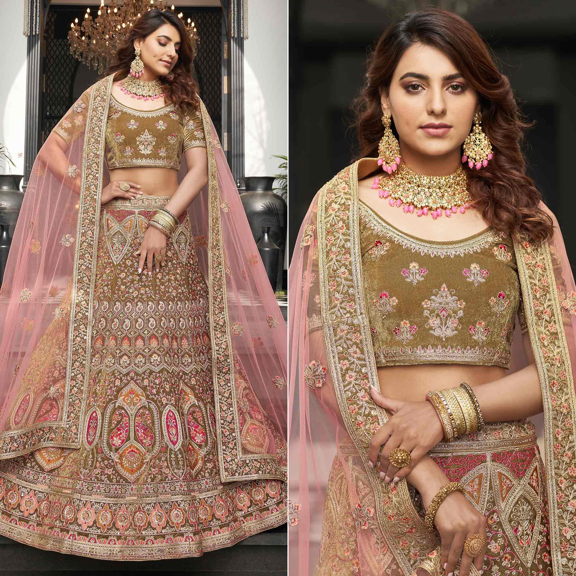 Olive Green Partywear Sequence Floral Embroidered Velvet Lehenga Choli - Peachmode