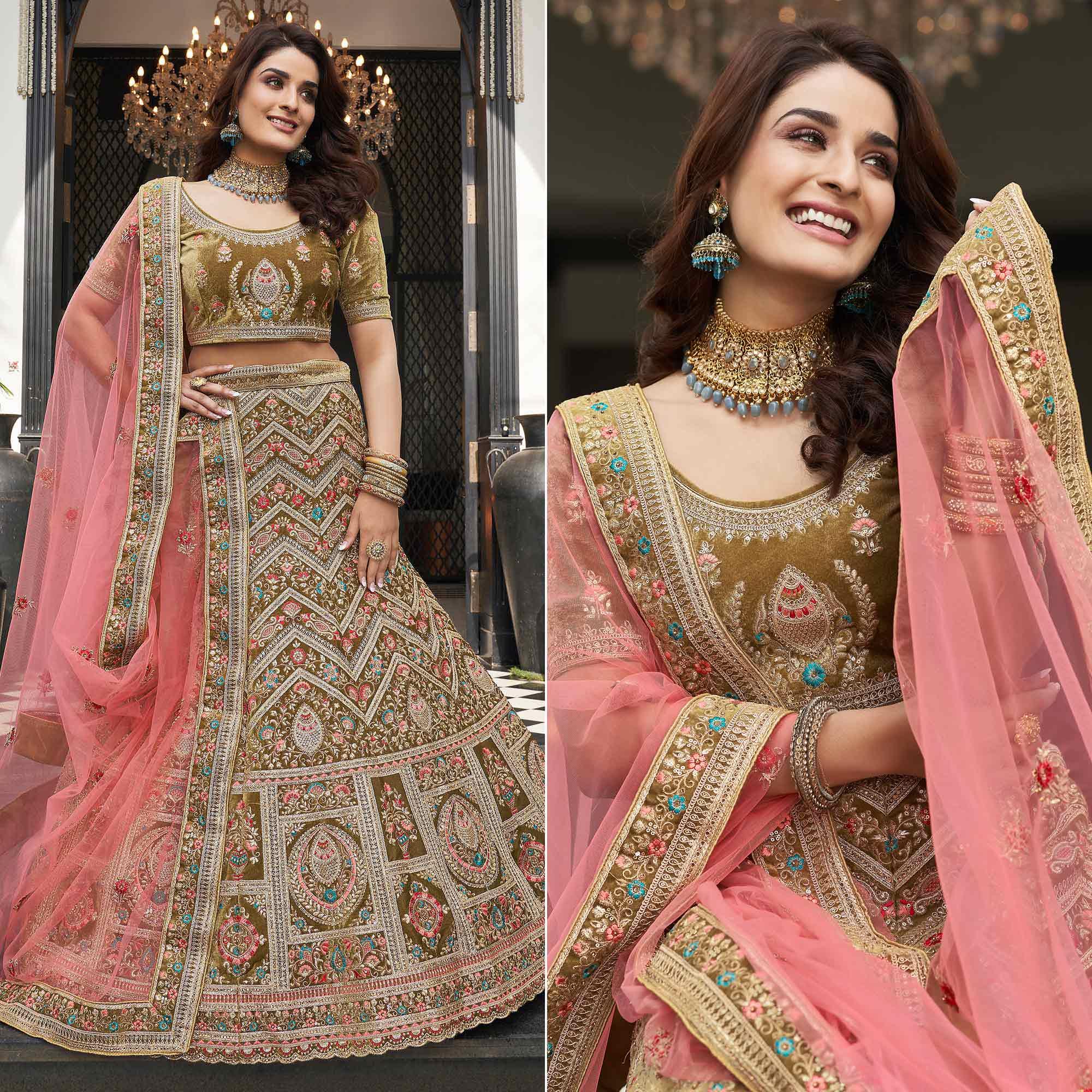 Olive Green Partywear Sequence Floral Embroidered Velvet Lehenga Choli - Peachmode