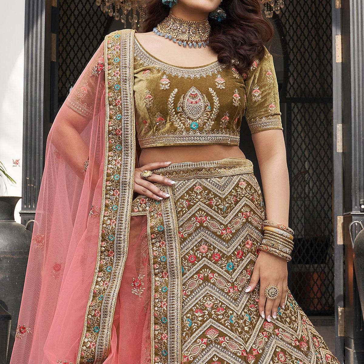 Olive Green Partywear Sequence Floral Embroidered Velvet Lehenga Choli - Peachmode