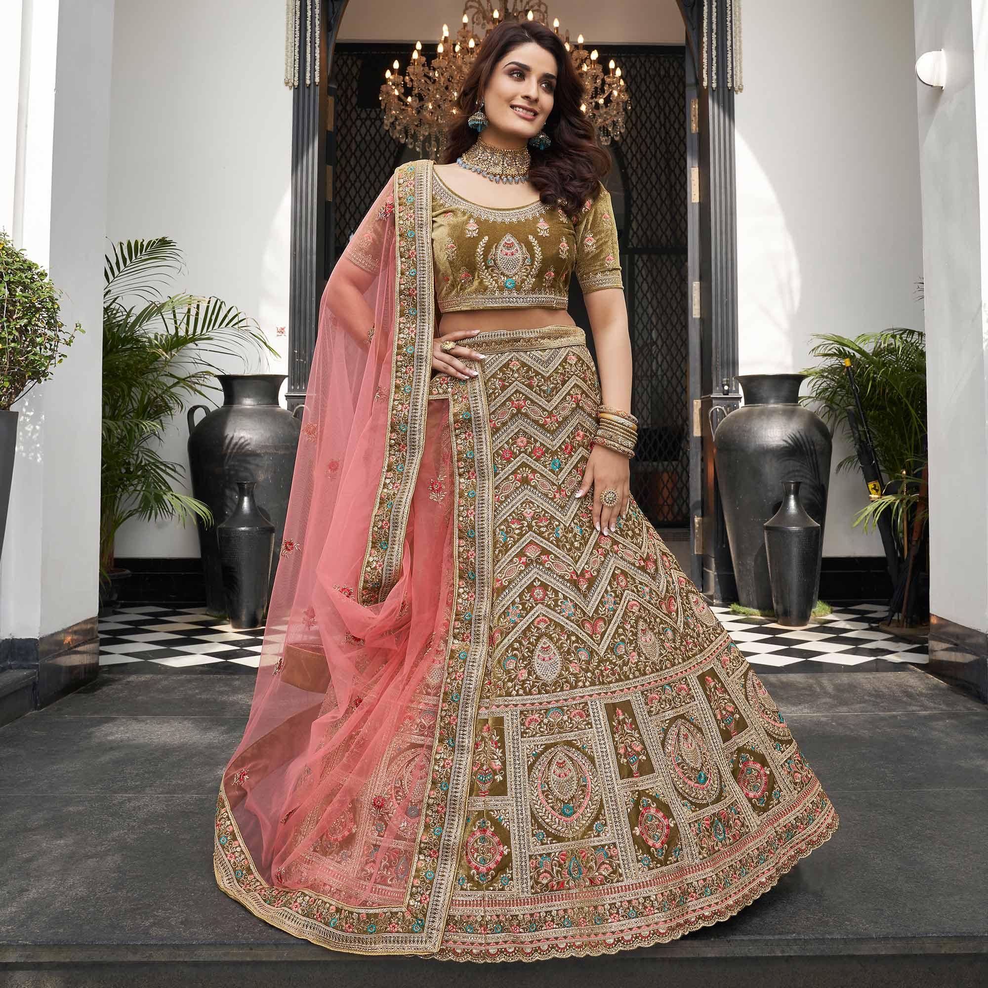 Olive Green Partywear Sequence Floral Embroidered Velvet Lehenga Choli - Peachmode