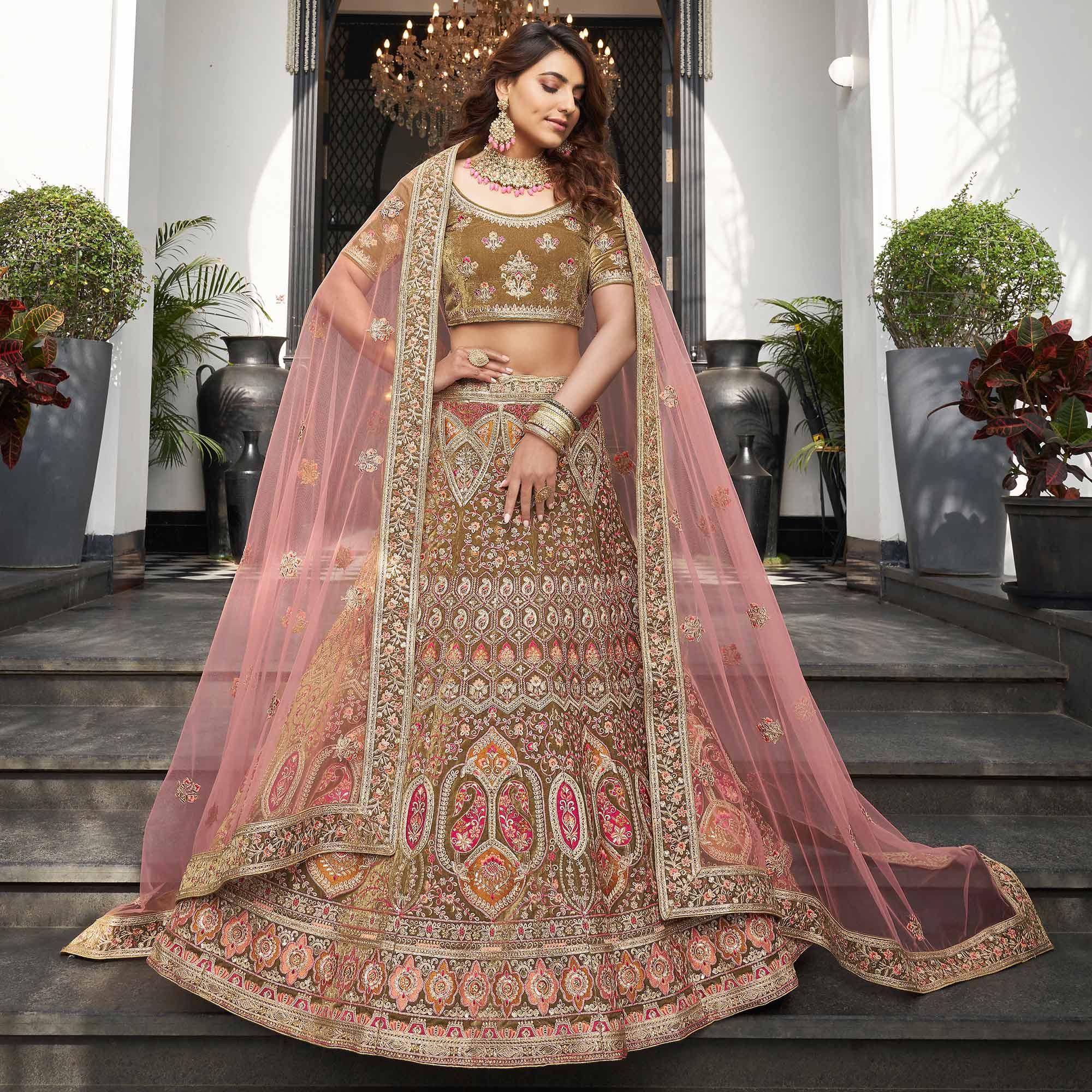 Olive Green Partywear Sequence Floral Embroidered Velvet Lehenga Choli - Peachmode