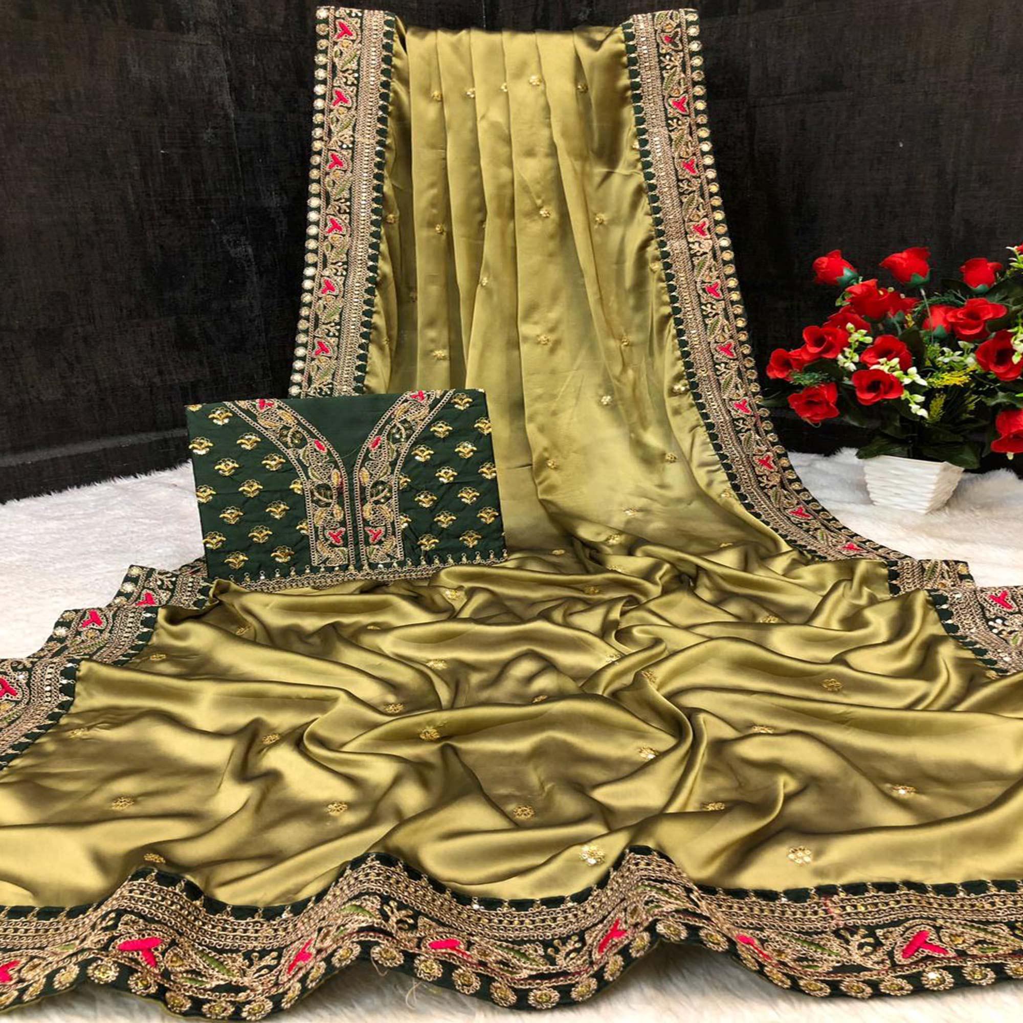 Olive Green Partywear Sequence Work And Thread Work Two Tone Silk Saree - Peachmode