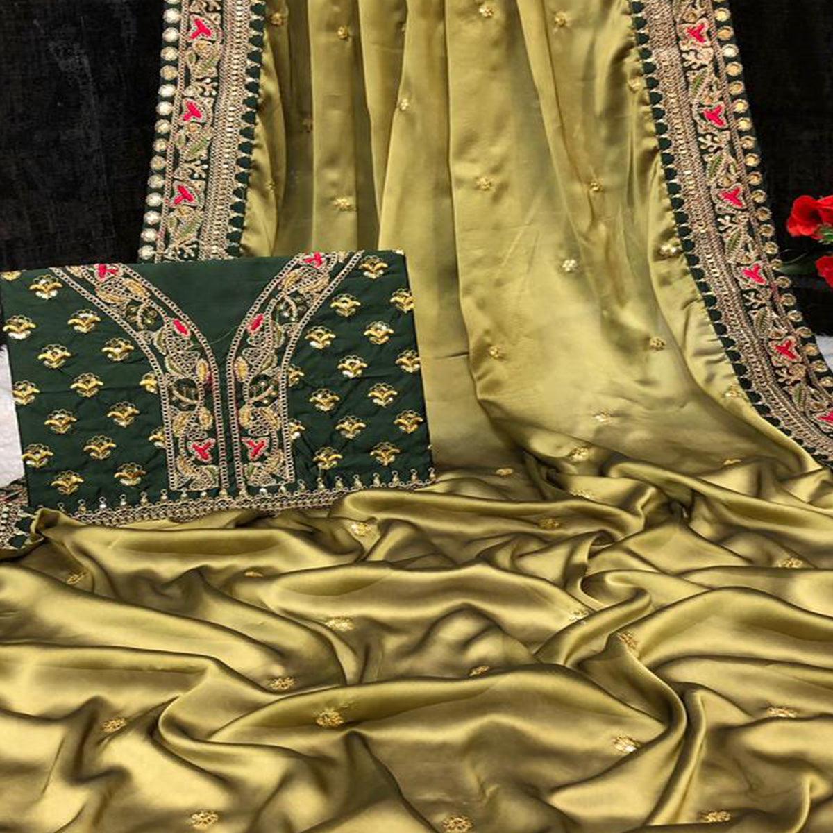Olive Green Partywear Sequence Work And Thread Work Two Tone Silk Saree - Peachmode
