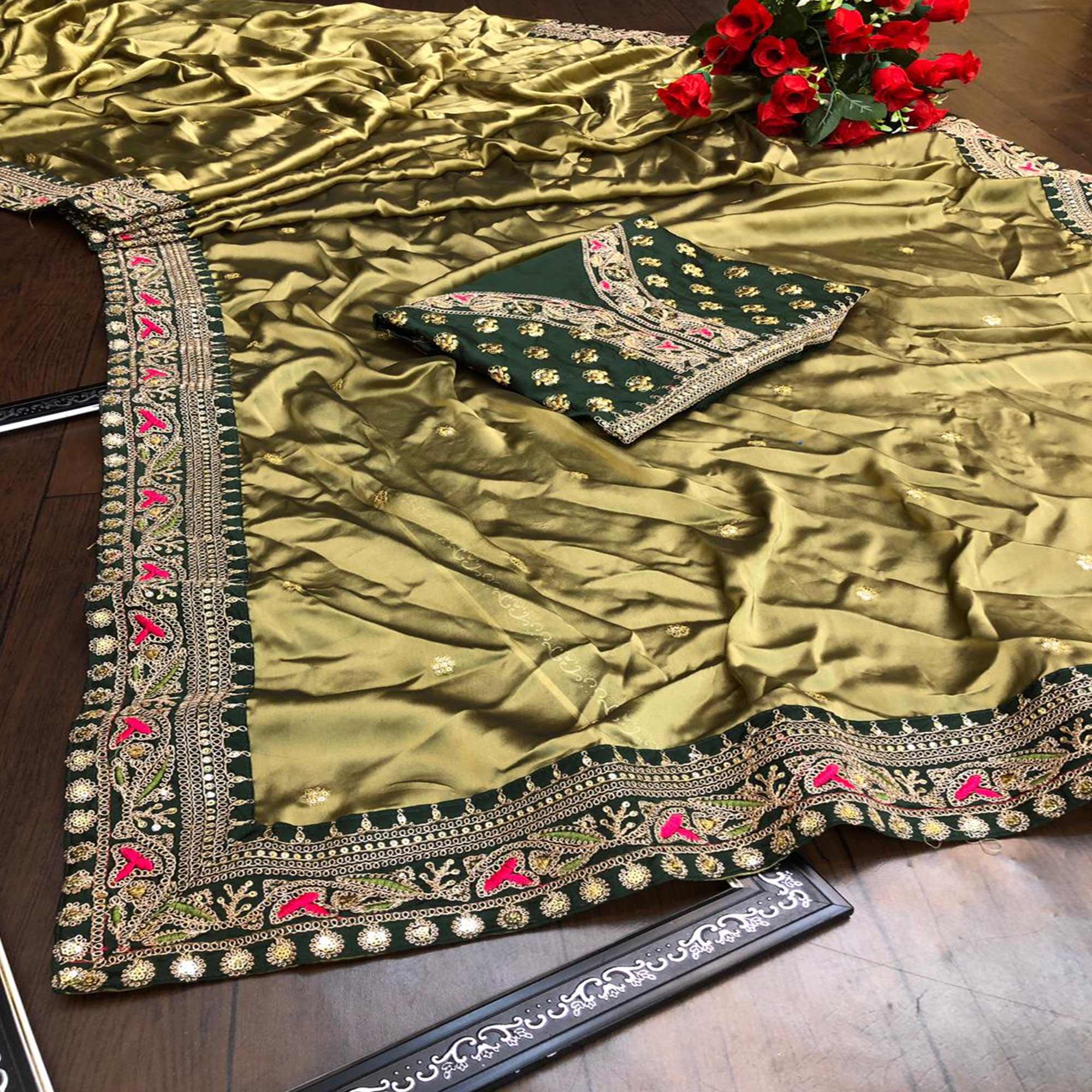 Olive Green Partywear Sequence Work And Thread Work Two Tone Silk Saree - Peachmode