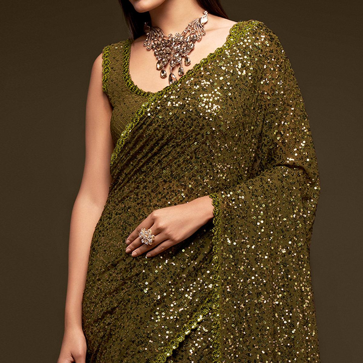 Olive Green Partywear Thread & Sequins Embroidered Georgette Saree - Peachmode