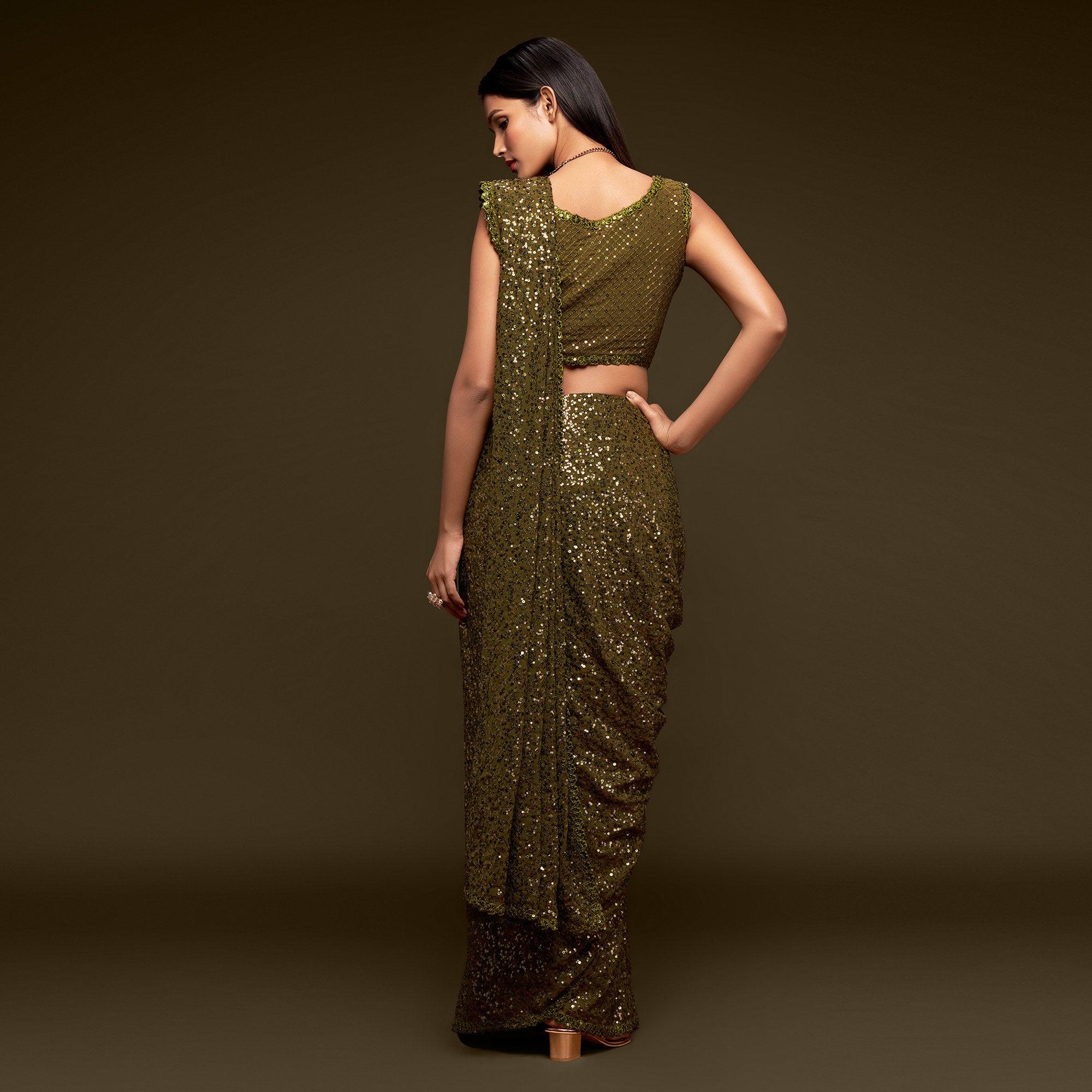 Olive Green Partywear Thread & Sequins Embroidered Georgette Saree - Peachmode