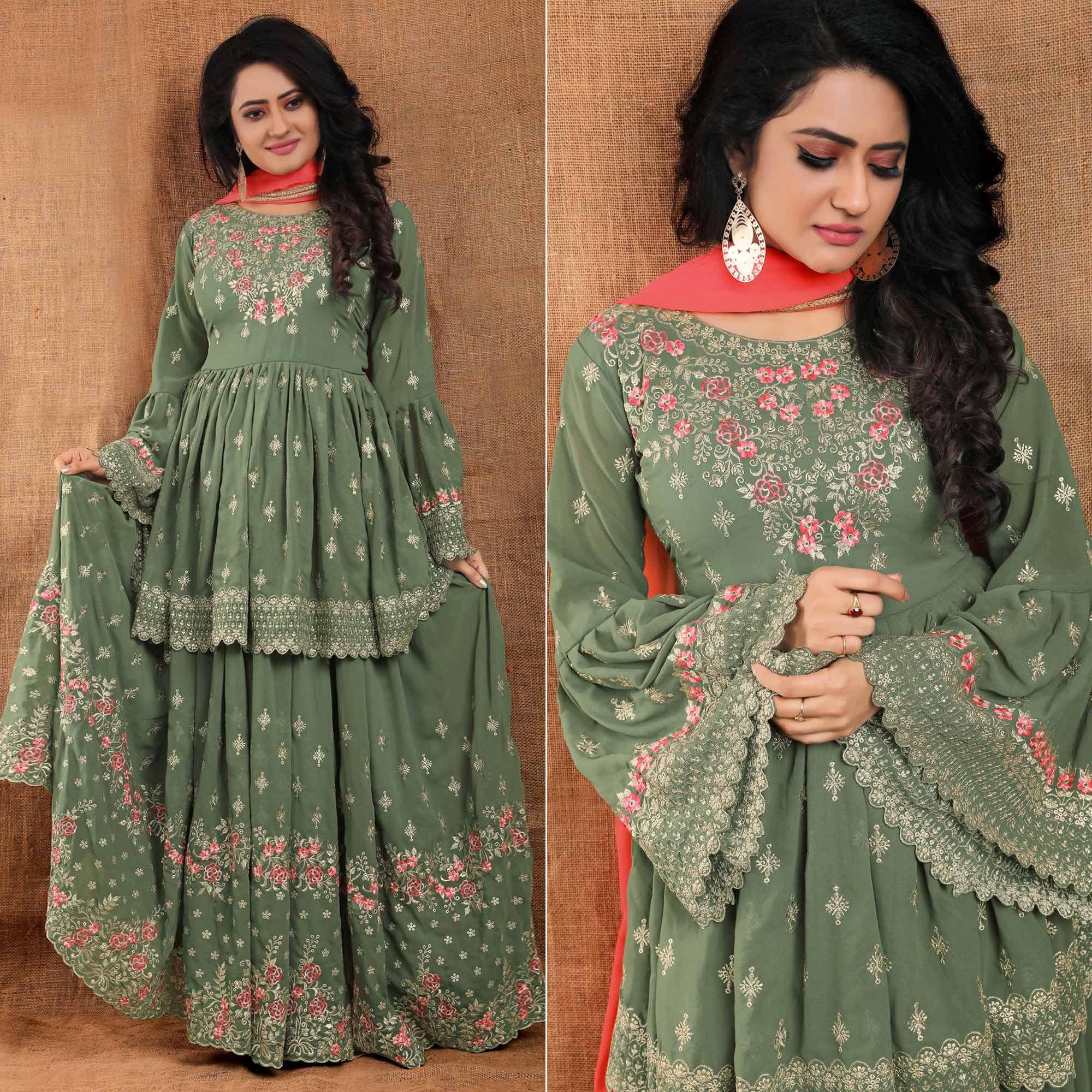 Olive Green Partywear Thread Floral Embroidered Georgette Sharara Suit - Peachmode