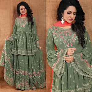 Olive Green Partywear Thread Floral Embroidered Georgette Sharara Suit - Peachmode