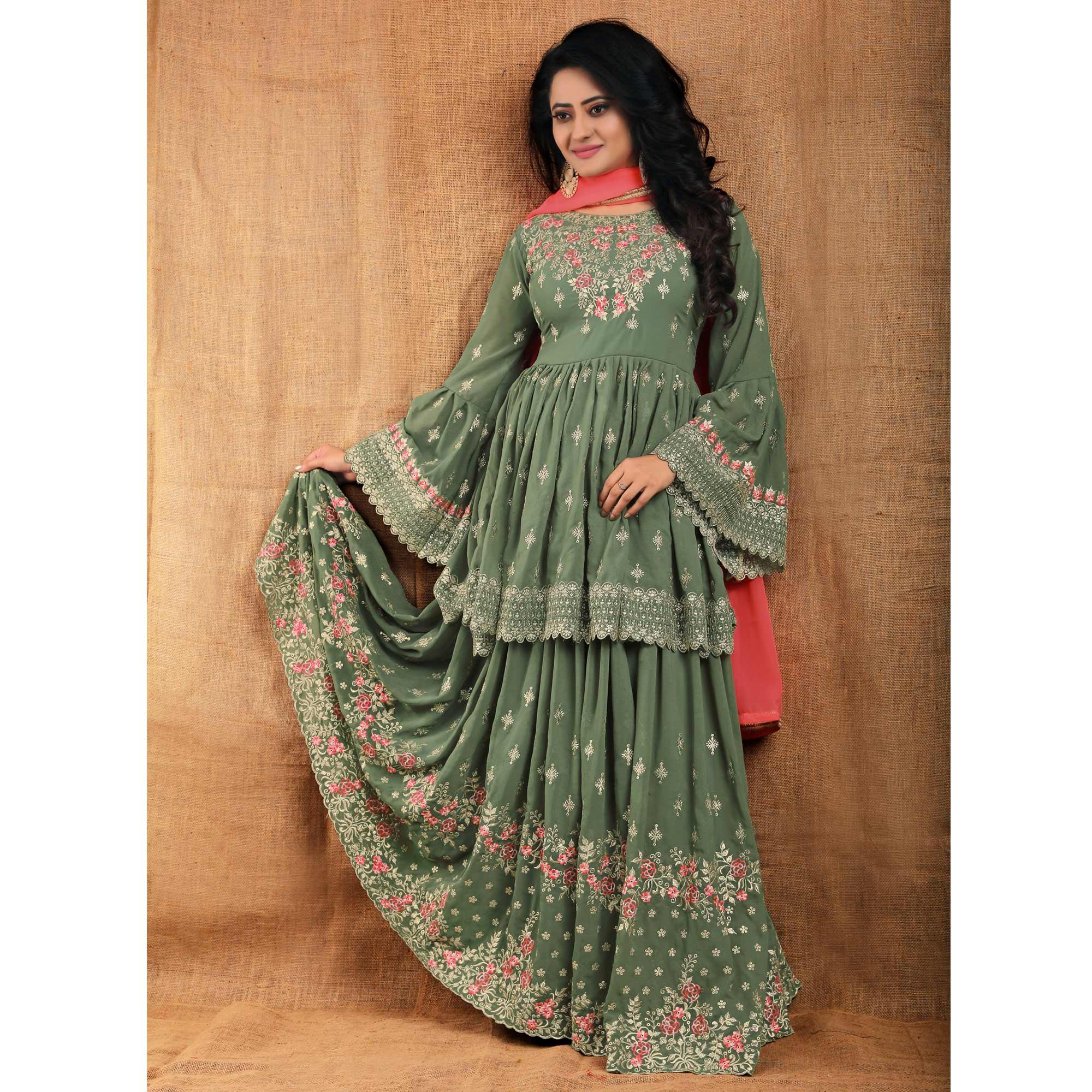 Olive Green Partywear Thread Floral Embroidered Georgette Sharara Suit - Peachmode