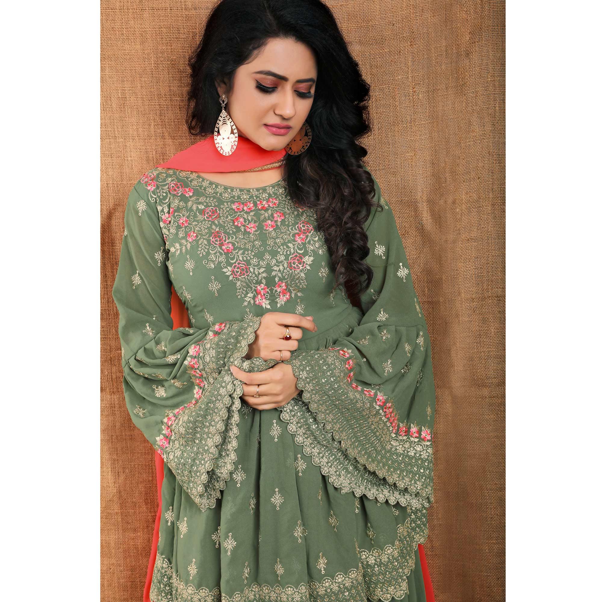 Olive Green Partywear Thread Floral Embroidered Georgette Sharara Suit - Peachmode