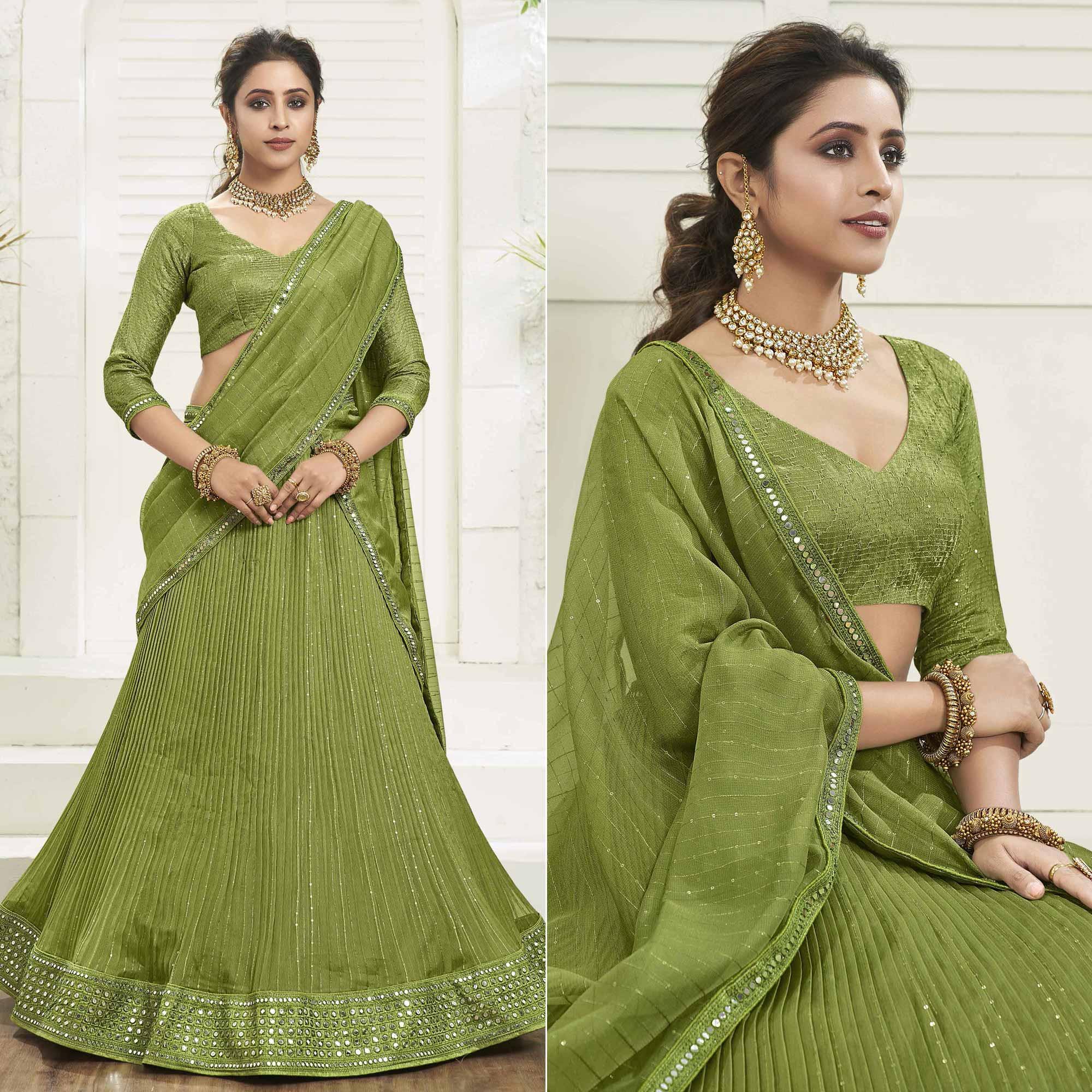 Olive Green Partywear Zari Sequence Embroidered Organza Lehenga Choli - Peachmode