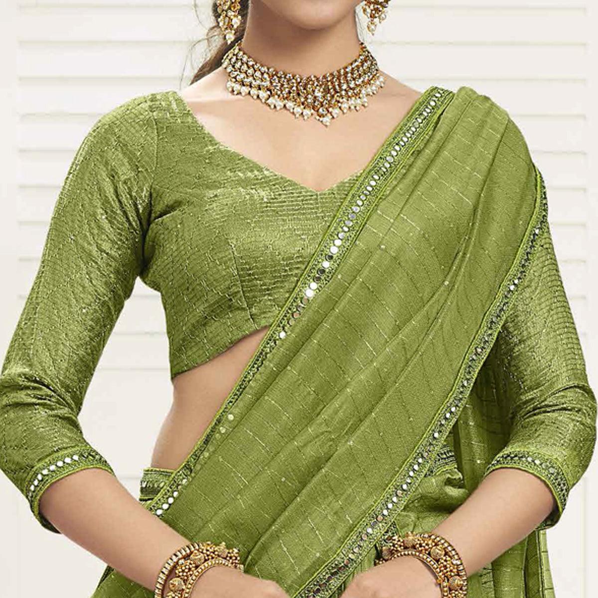 Olive Green Partywear Zari Sequence Embroidered Organza Lehenga Choli - Peachmode