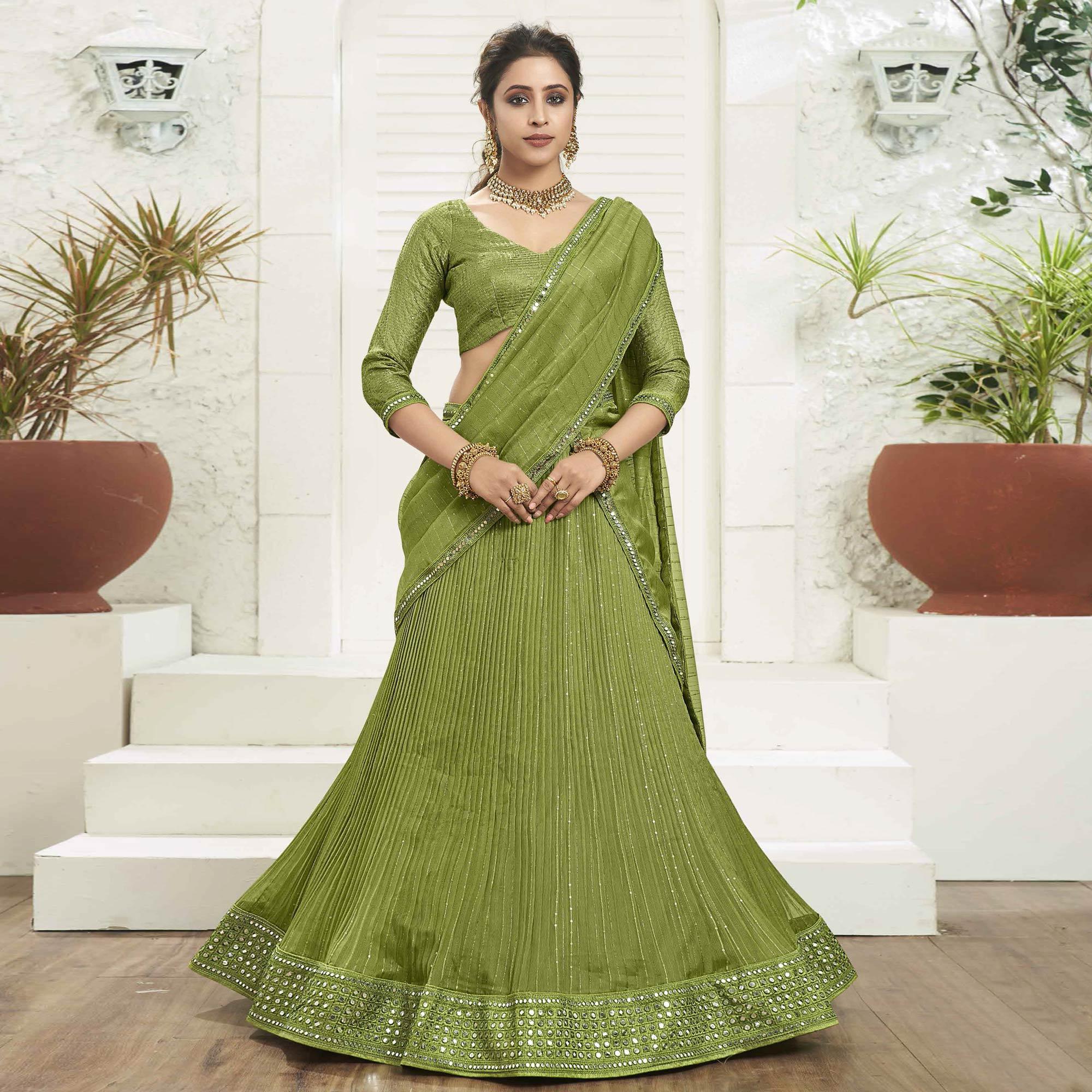 Olive Green Partywear Zari Sequence Embroidered Organza Lehenga Choli - Peachmode