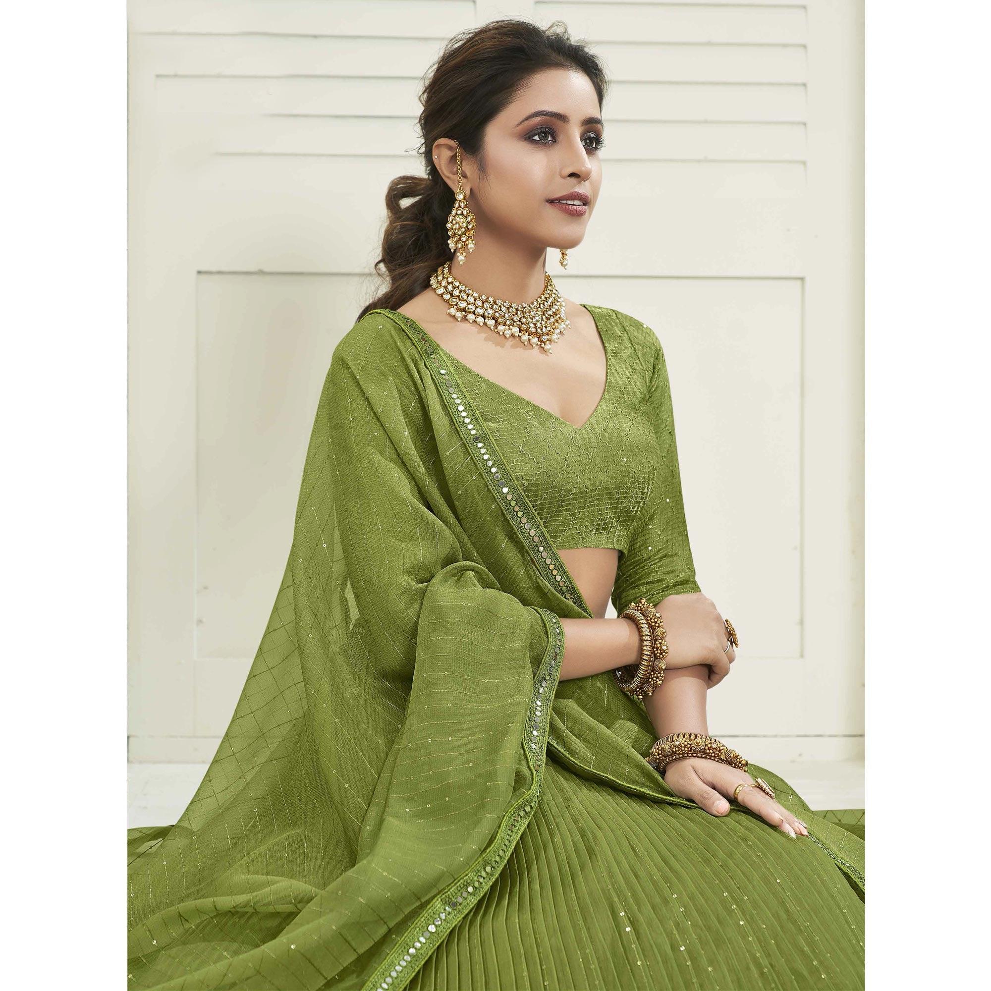 Olive Green Partywear Zari Sequence Embroidered Organza Lehenga Choli - Peachmode