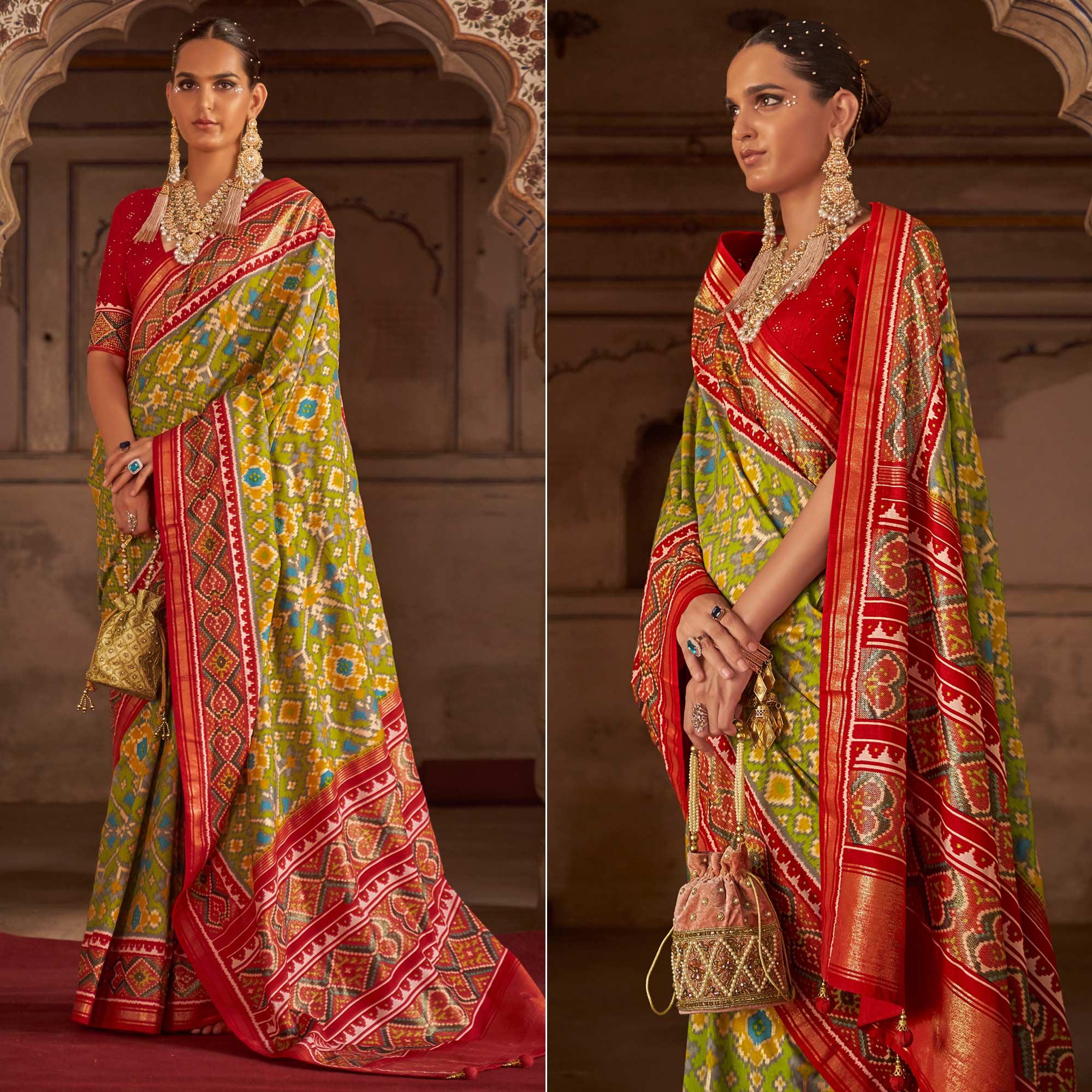 Olive Green Patola Printed Art Silk Saree - Peachmode