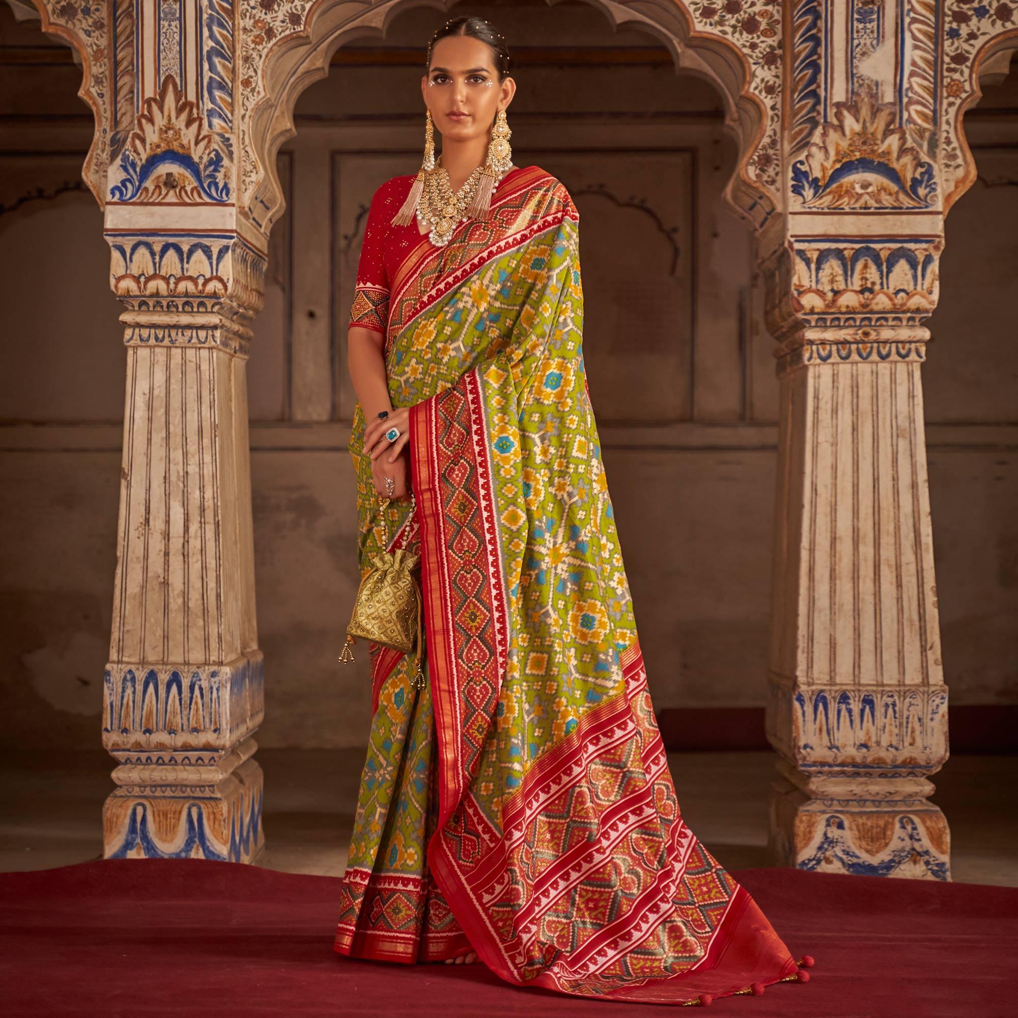 Olive Green Patola Printed Art Silk Saree - Peachmode
