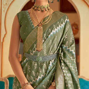 Olive Green Patola Printed Art Silk Saree - Peachmode