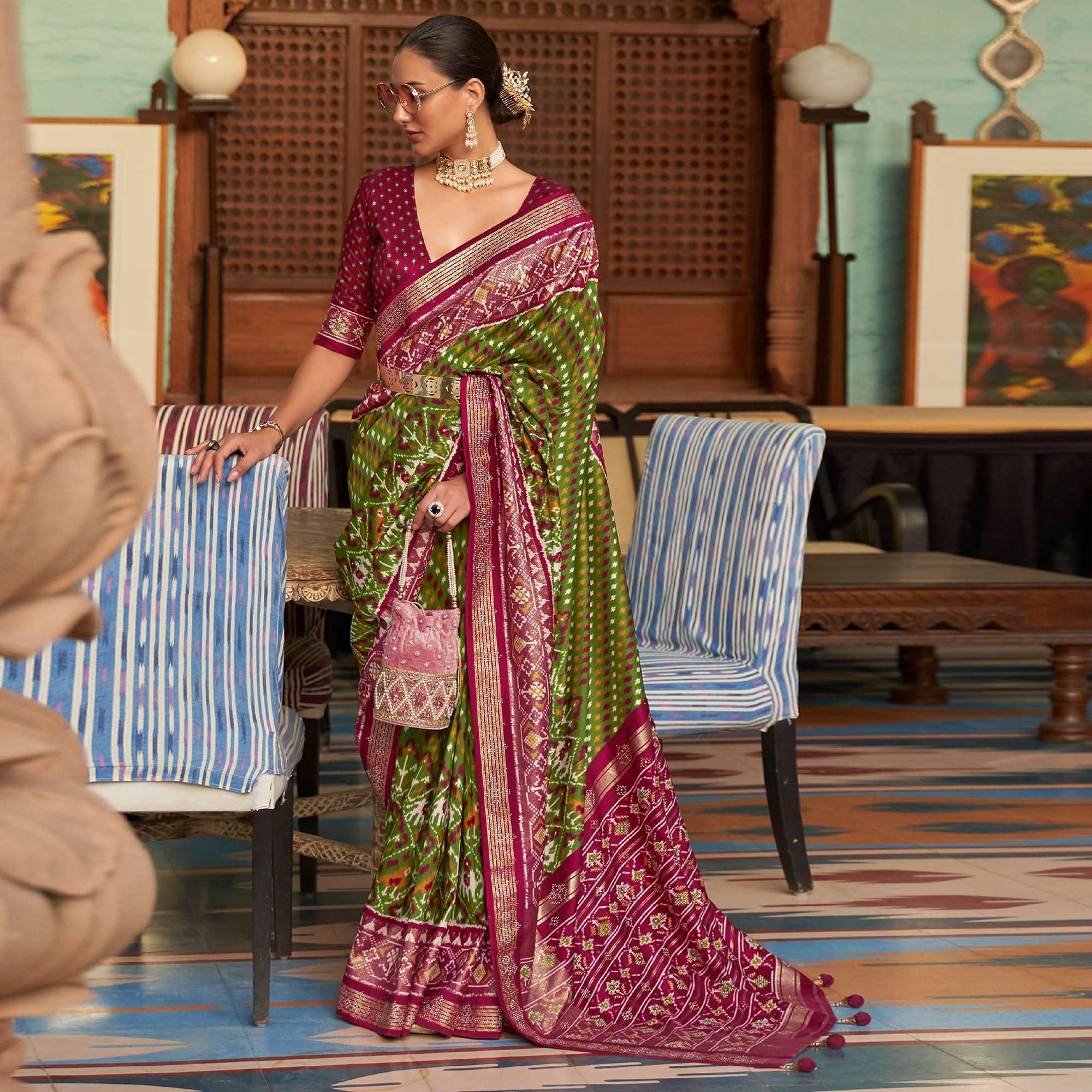 Olive Green Patola Printed Art Silk Saree With Tassels - Peachmode