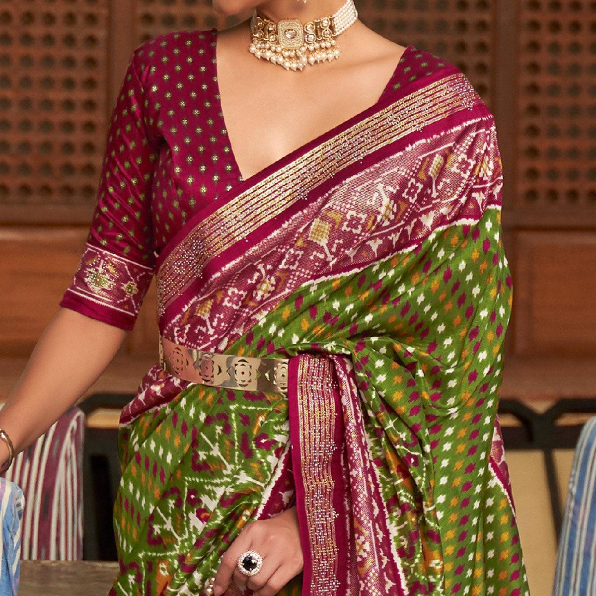 Olive Green Patola Printed Art Silk Saree With Tassels - Peachmode