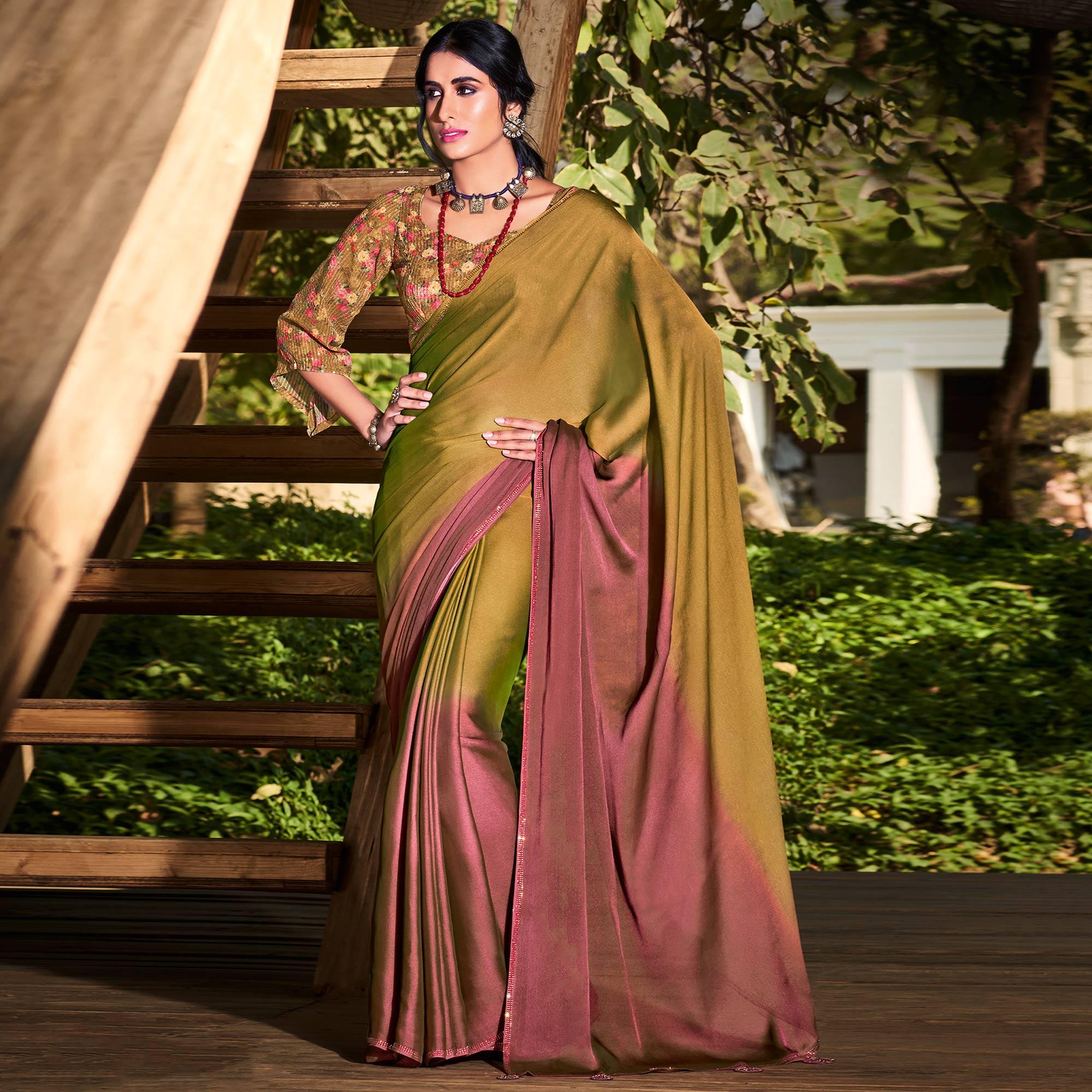 Olive Green-Pink Solid Chiffon Saree - Peachmode