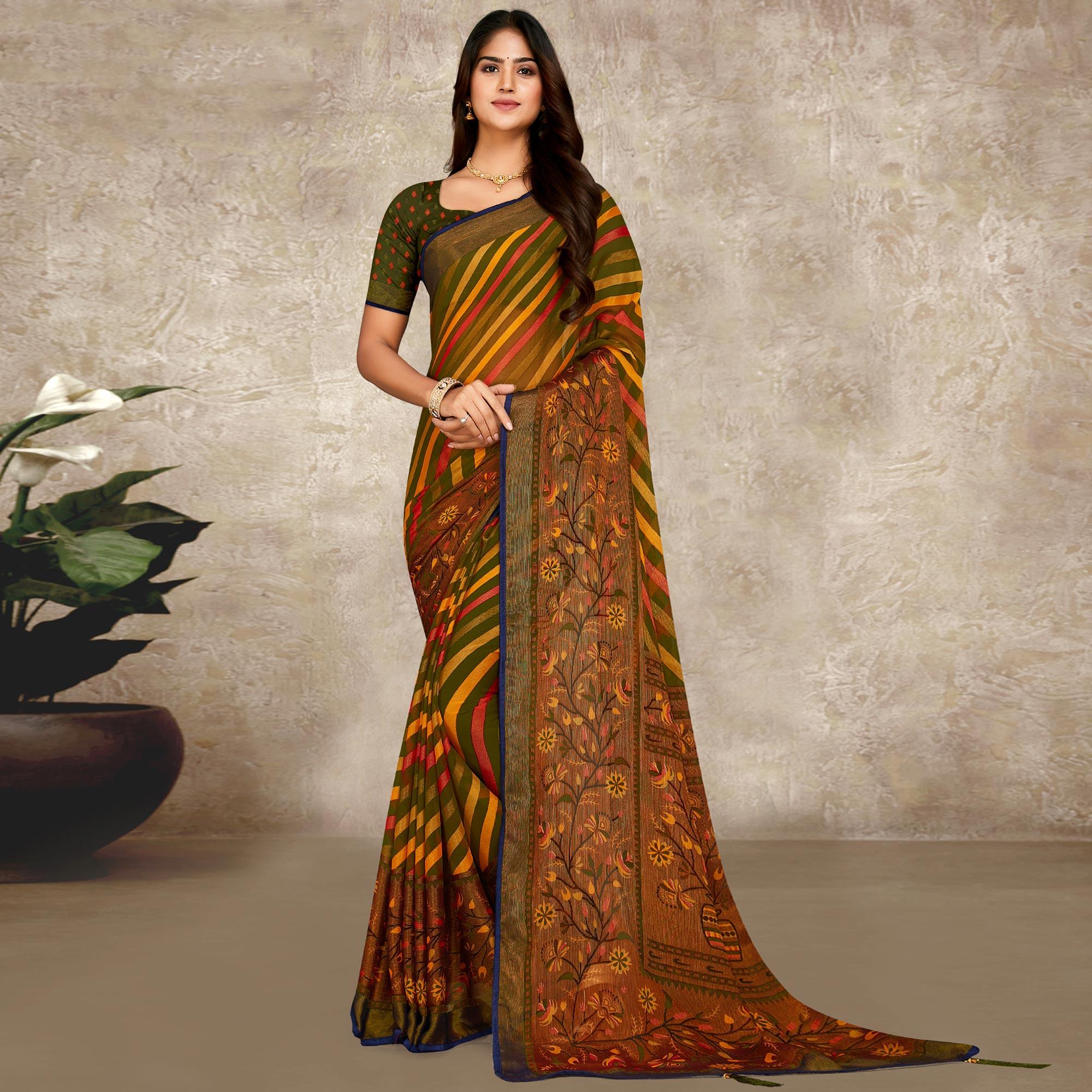 Olive Green Printed Brasso Saree With Tassels - Peachmode