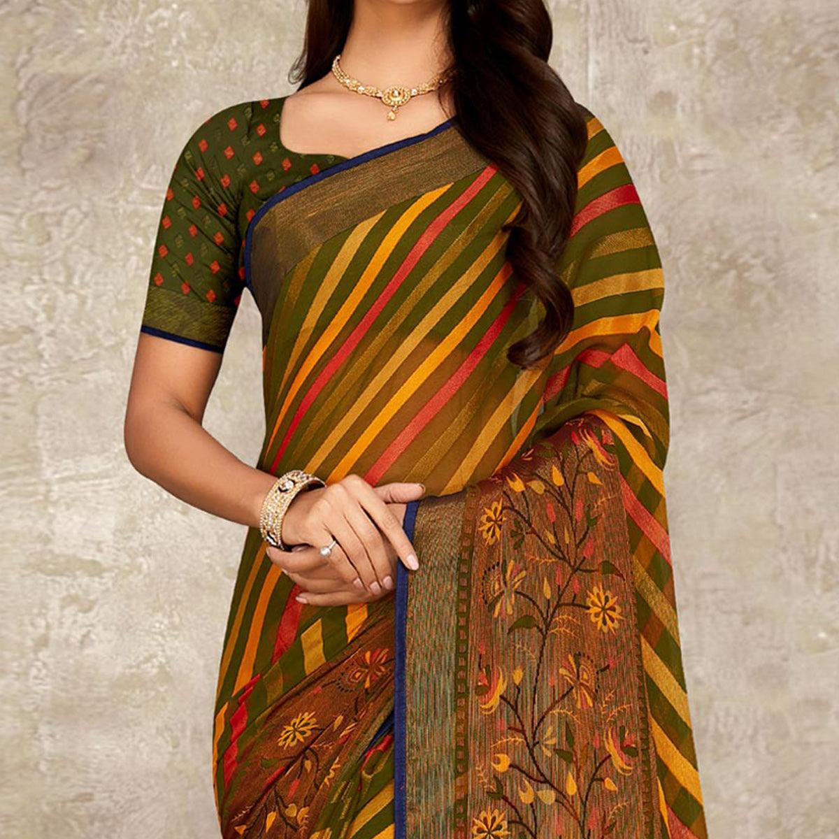 Olive Green Printed Brasso Saree With Tassels - Peachmode