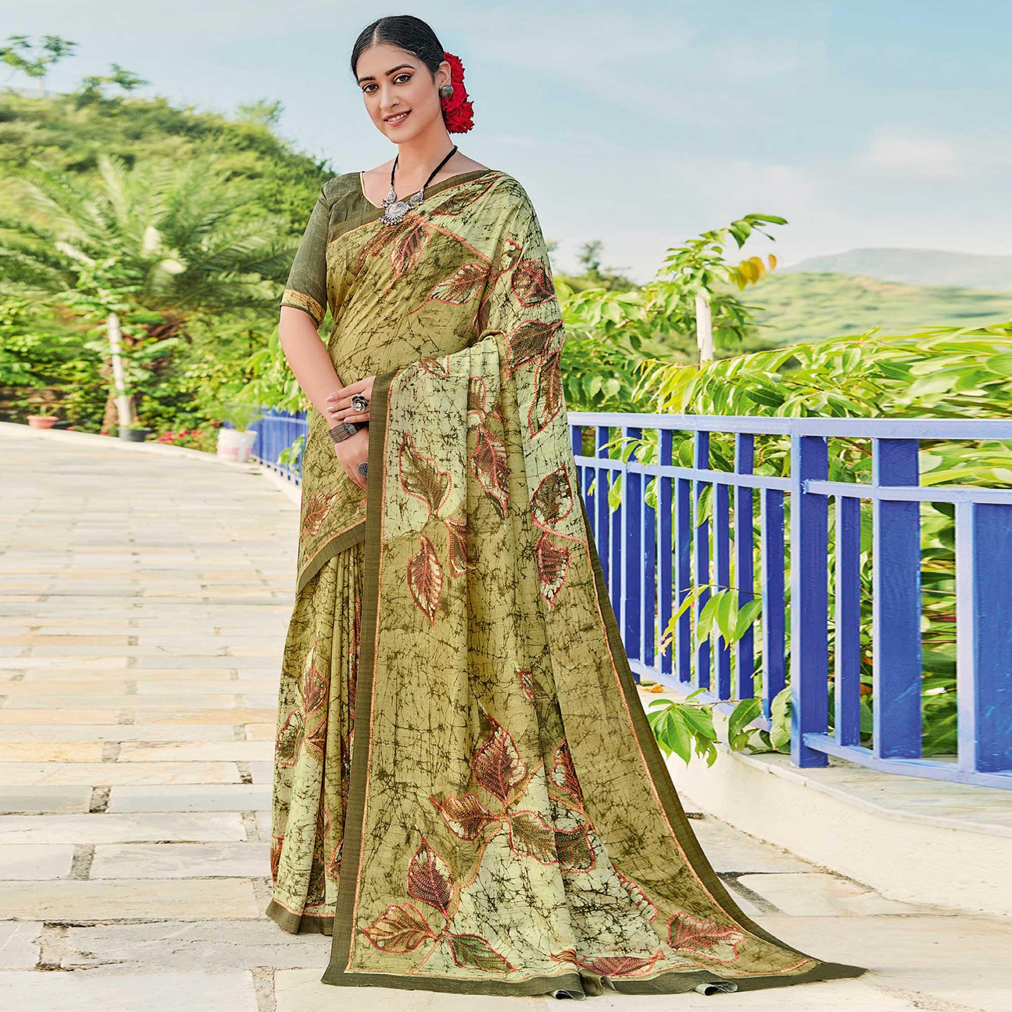 Olive Green Printed Cotton Silk Saree - Peachmode