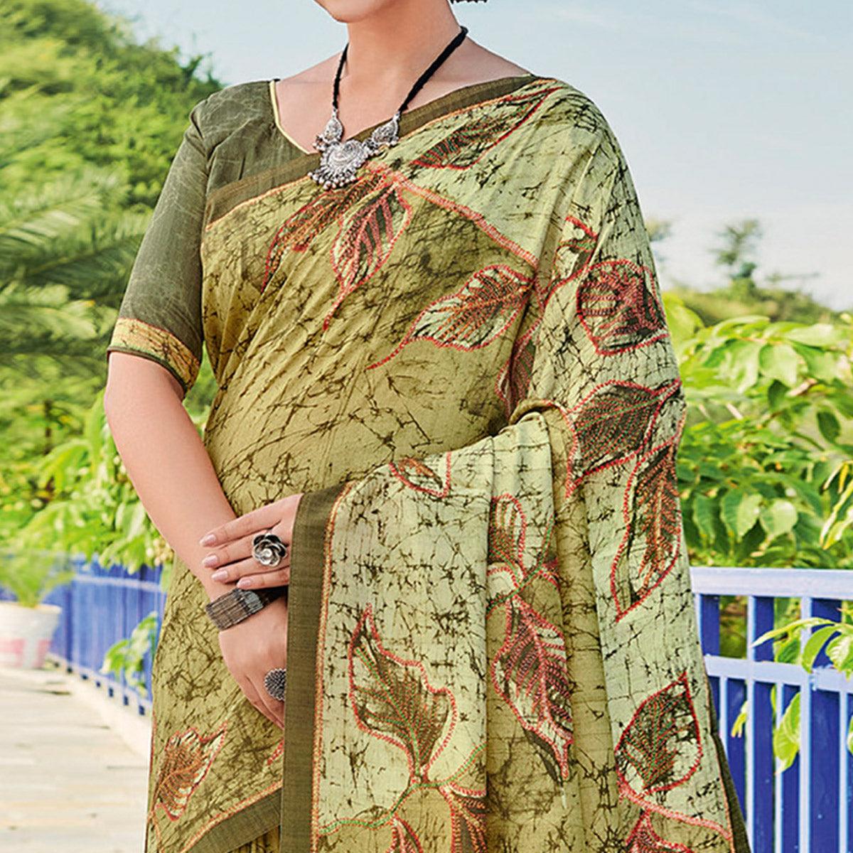 Olive Green Printed Cotton Silk Saree - Peachmode