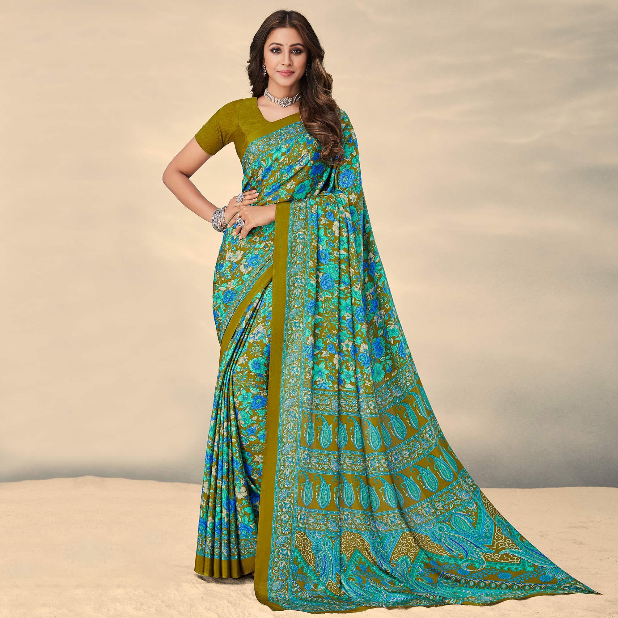 Olive Green Printed Crepe Saree - Peachmode