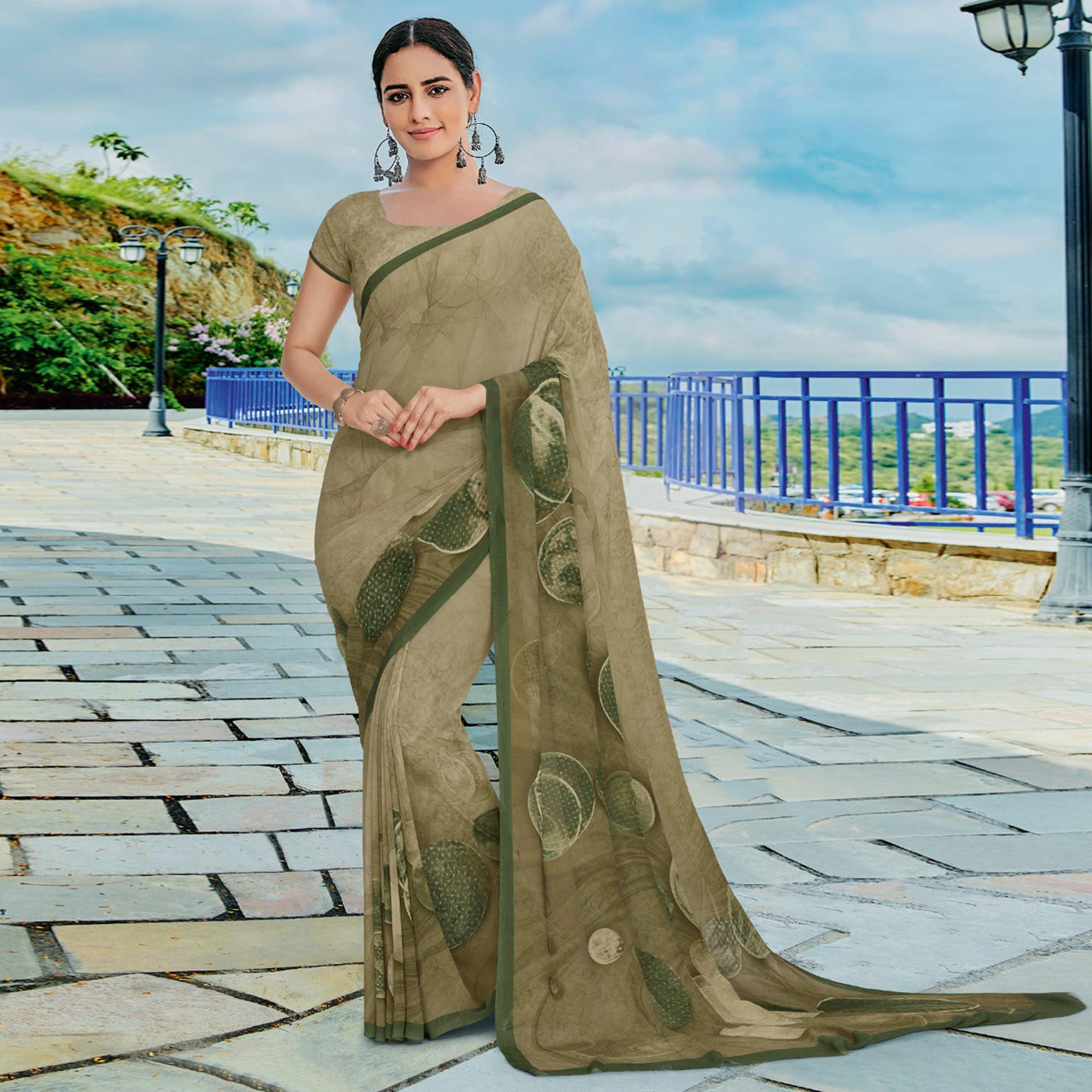 Olive Green Printed Georgette Saree - Peachmode