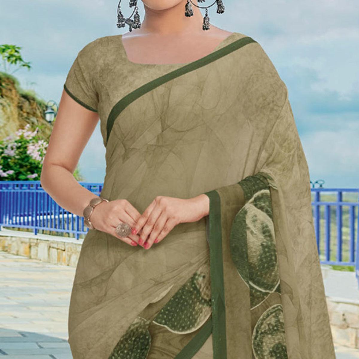 Olive Green Printed Georgette Saree - Peachmode
