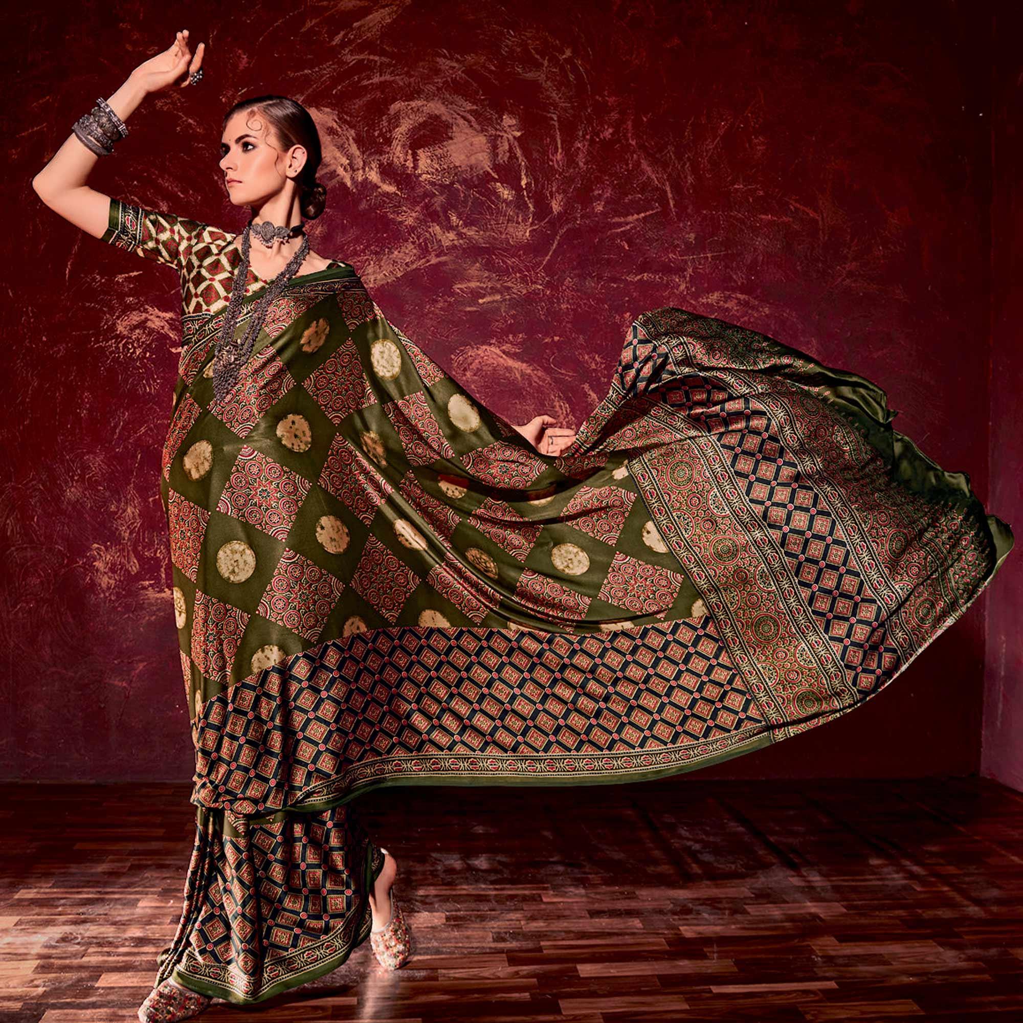 Olive Green Printed Satin Saree - Peachmode