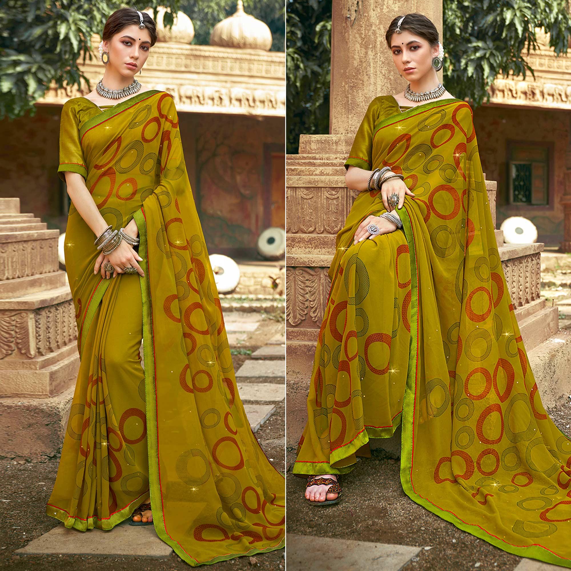 Olive Green Printed-Sequins Work Georgette Saree - Peachmode
