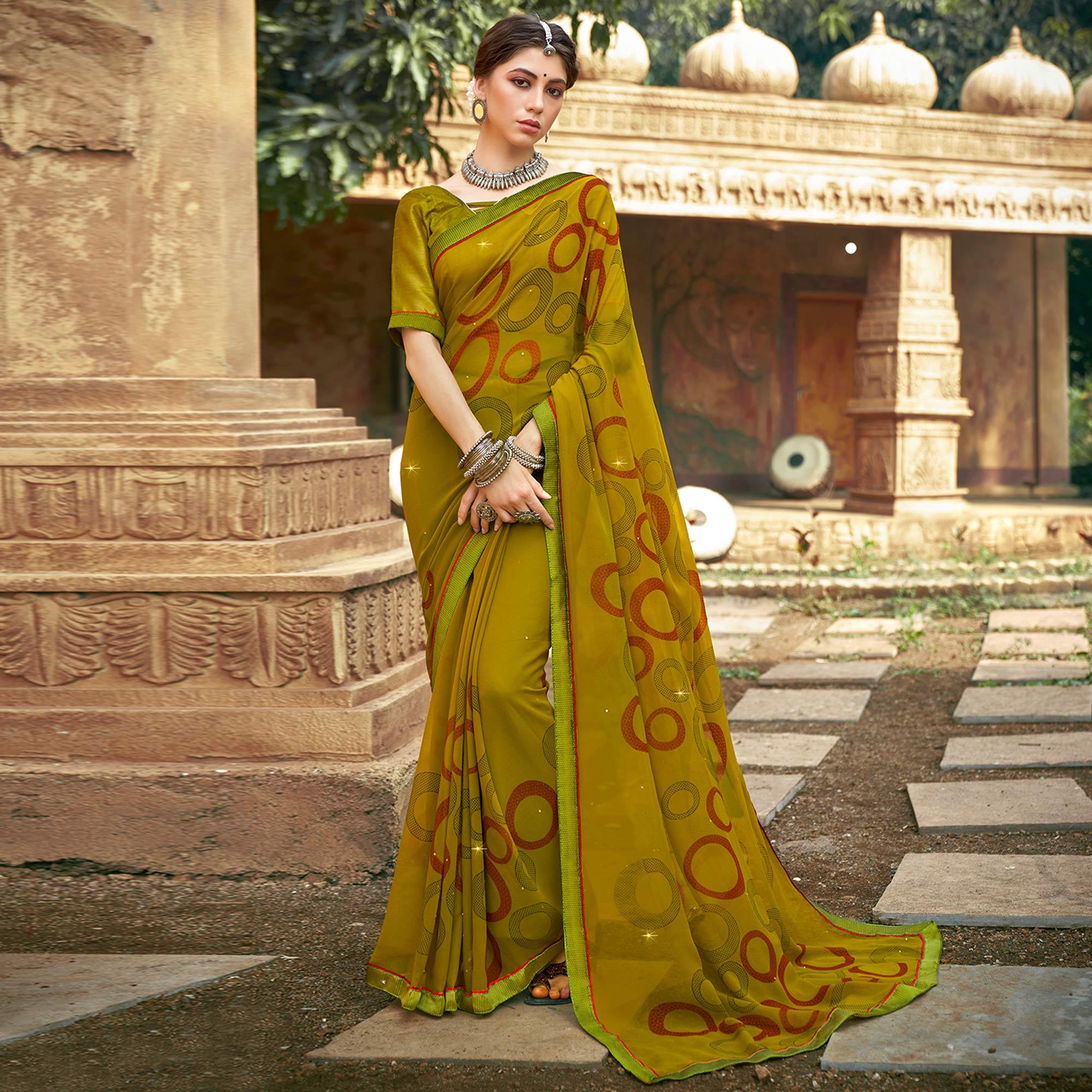 Olive Green Printed-Sequins Work Georgette Saree - Peachmode