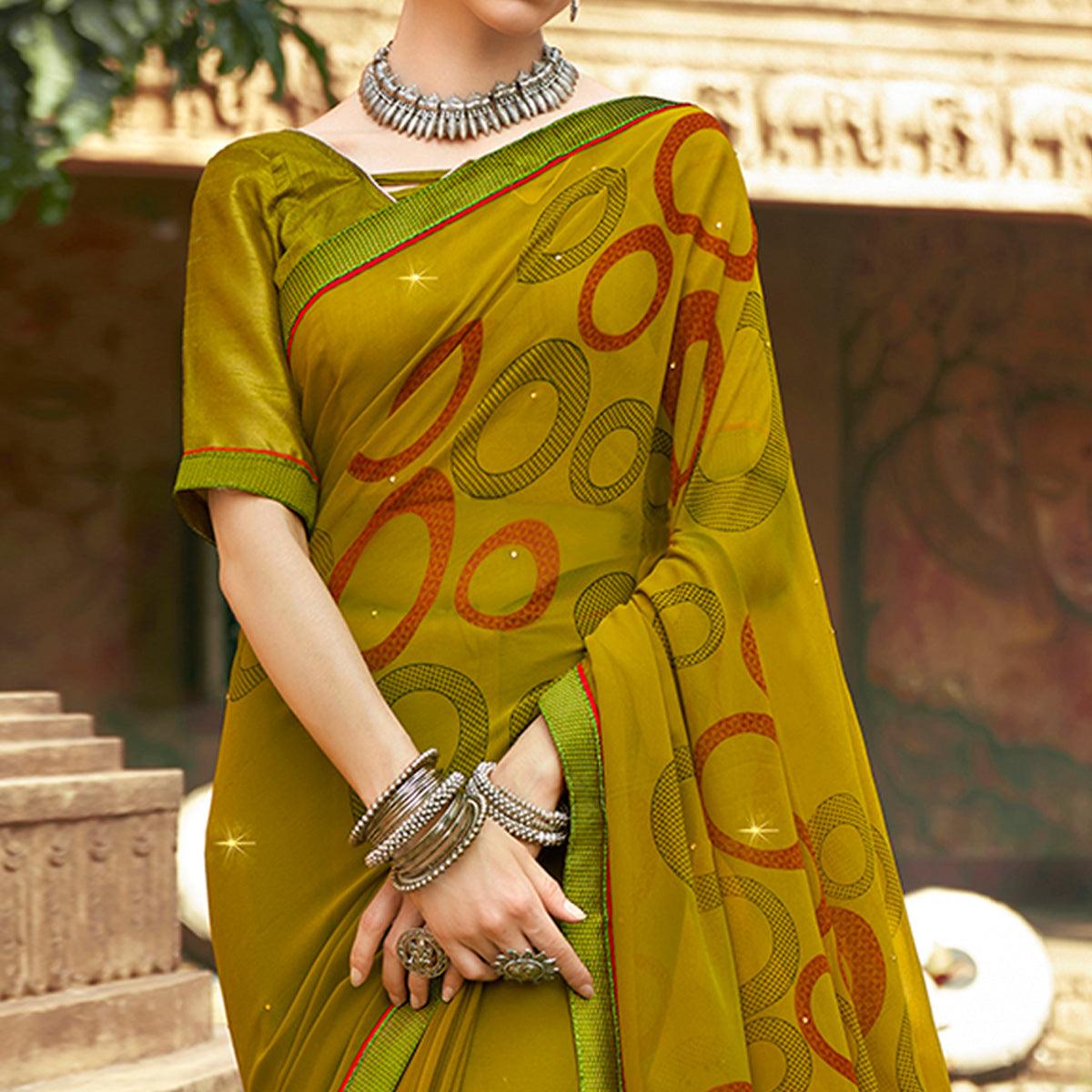 Olive Green Printed-Sequins Work Georgette Saree - Peachmode