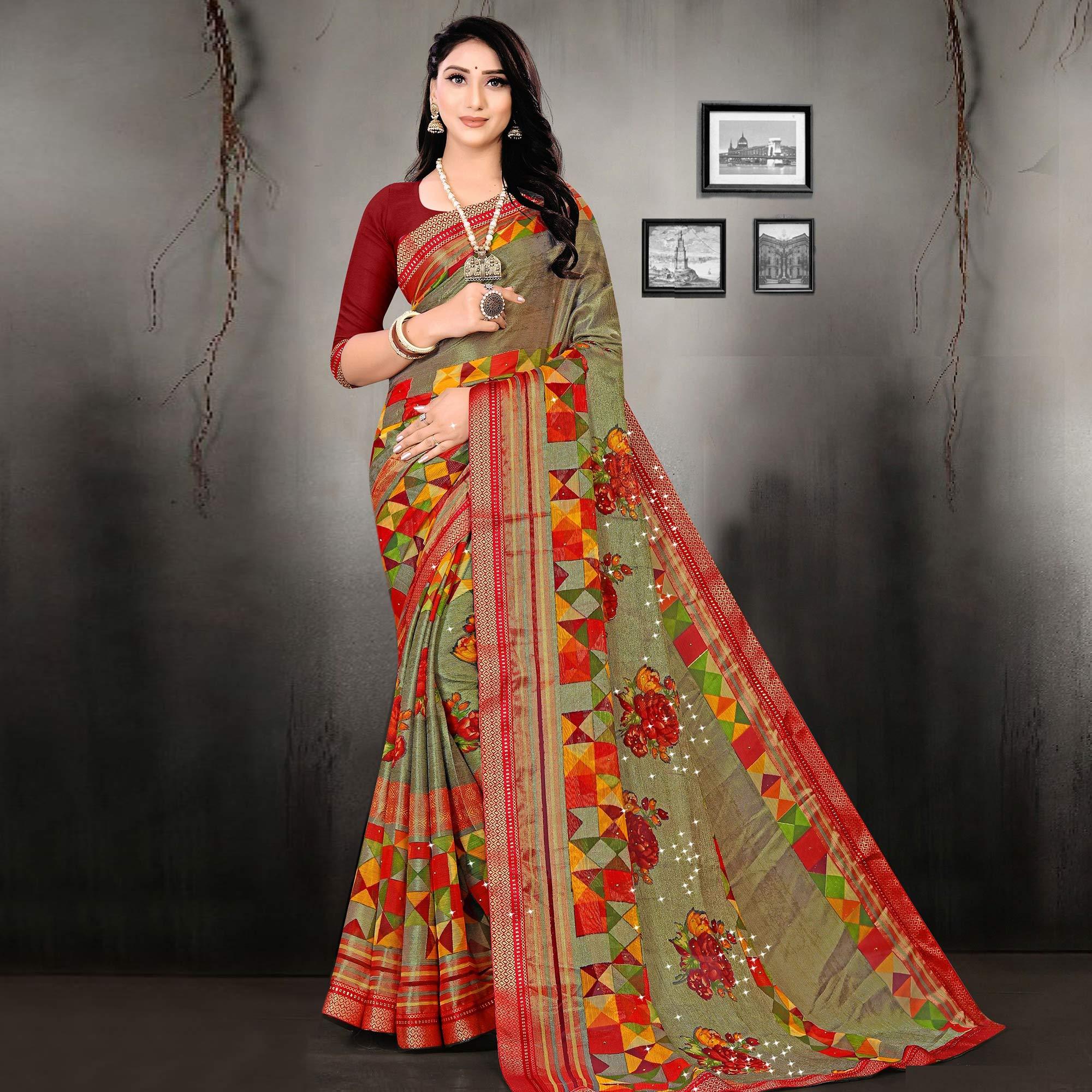 Olive Green Printed With Embellished Brasso Saree - Peachmode