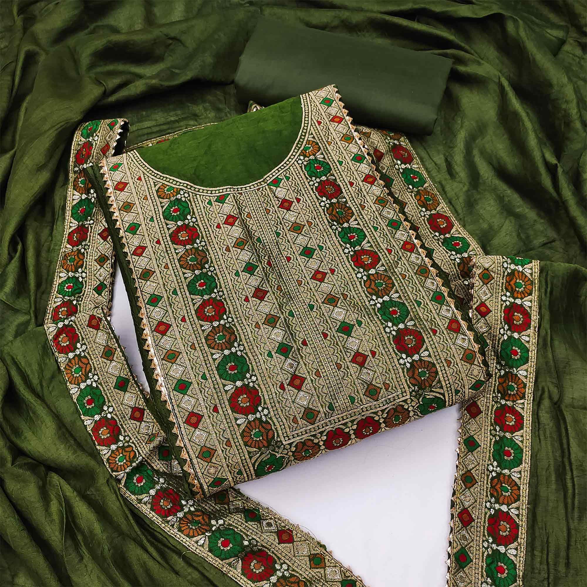 Olive Green Printed With Embellished Chanderi Dress Material - Peachmode