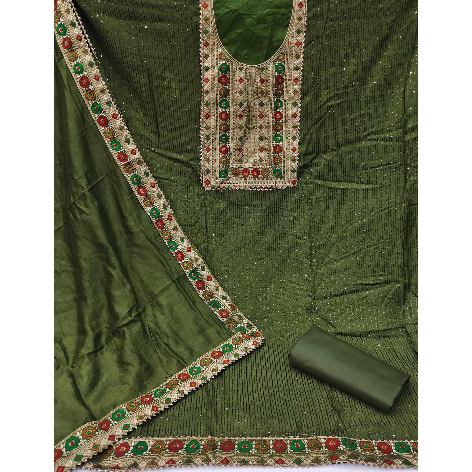 Olive Green Printed With Embellished Chanderi Dress Material - Peachmode