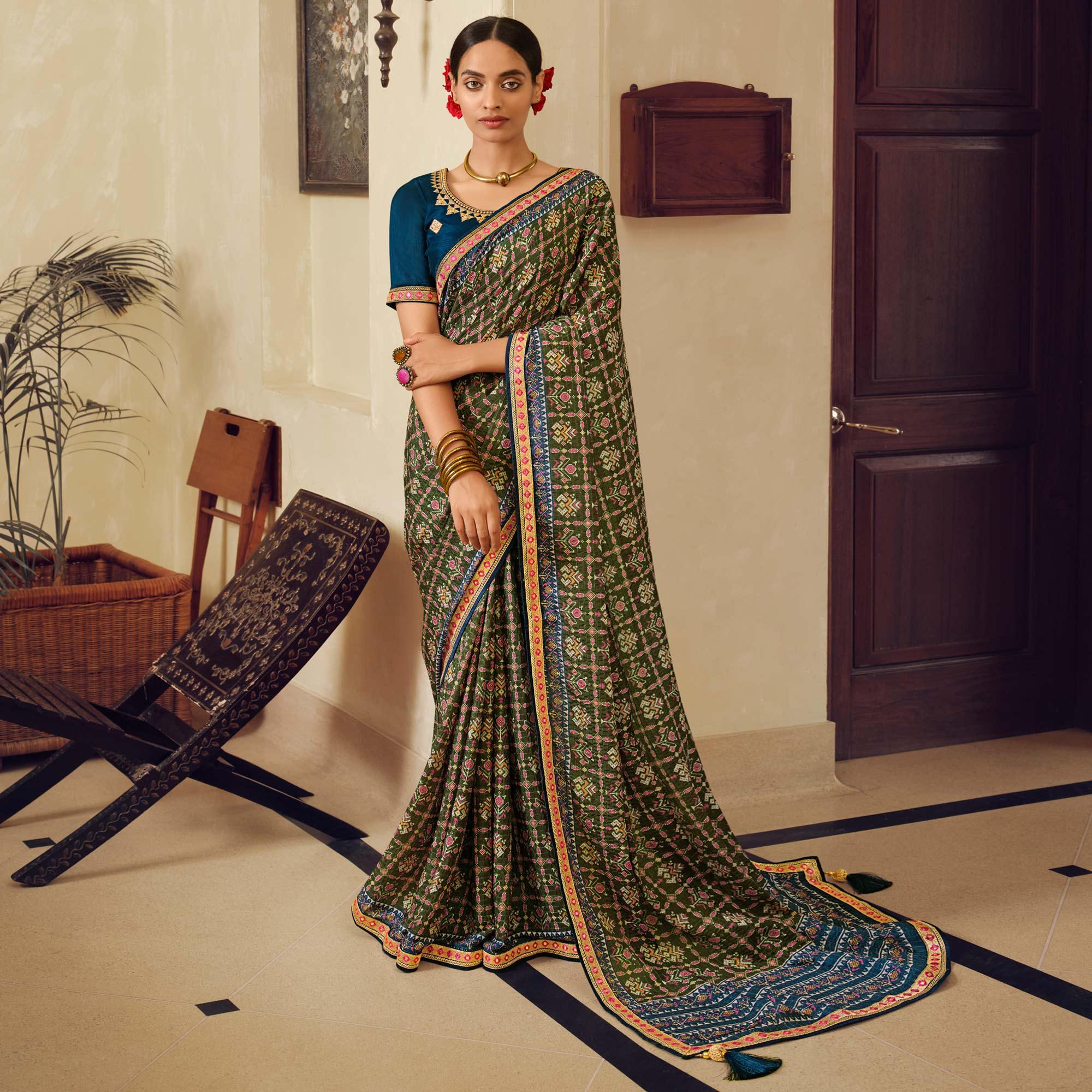 Olive Green Printed With Embellished Chiffon Saree With Tassels - Peachmode