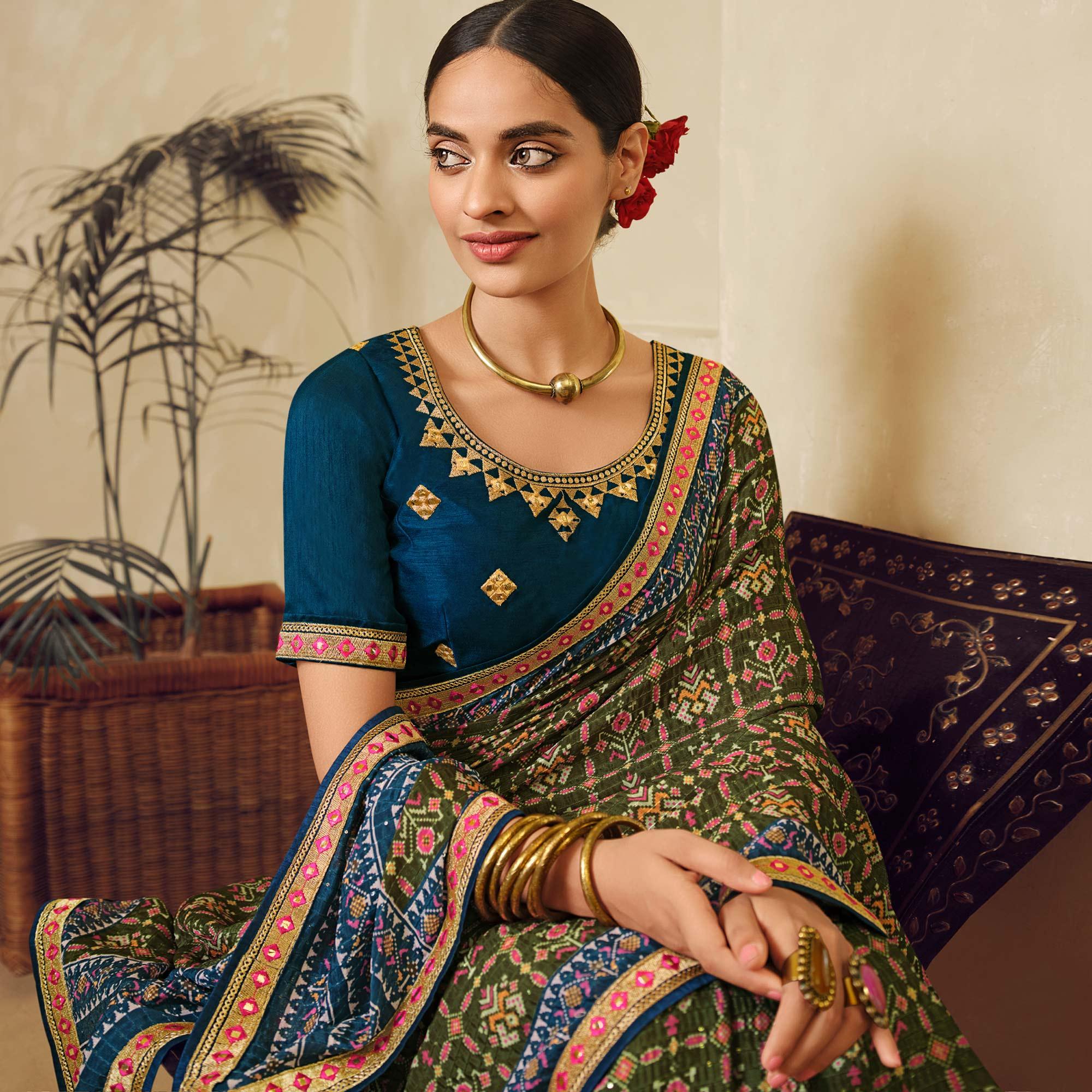 Olive Green Printed With Embellished Chiffon Saree With Tassels - Peachmode